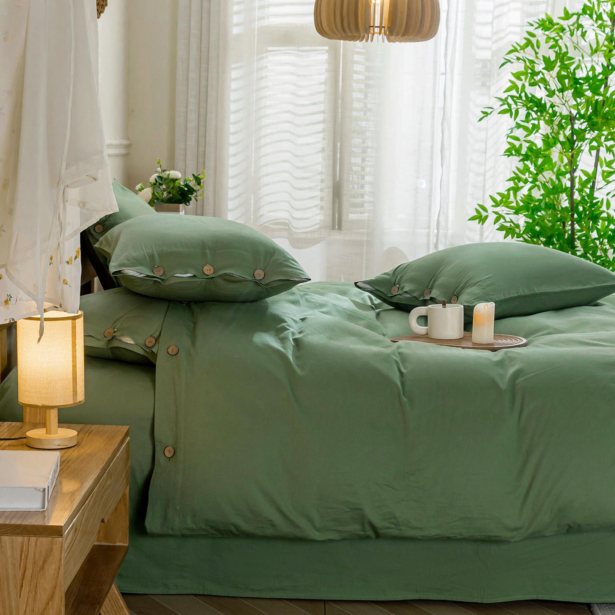 JELLYMONI JELLYMONI Cotton Duvet Cover Set - 100% Washed Cotton Linen Like Textured Comforter Cover, 3 Pieces Soft Bedding Set with Button Closure (Green, Super King 120\"x98\")