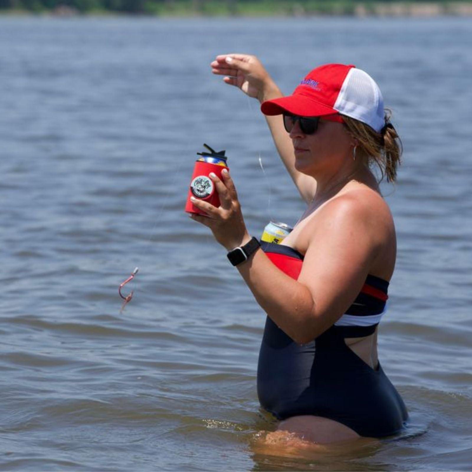 Chill-N-Reel Chill-N-Reel Fishing Can Cooler (from Shark Tank) | Hard Shell Drink Holder with Hand Line Reel Attached | Fits Standard Insulator Sleeves or Coozies | Unique Fun Fishing Gift (Crimson & Spill Guard)