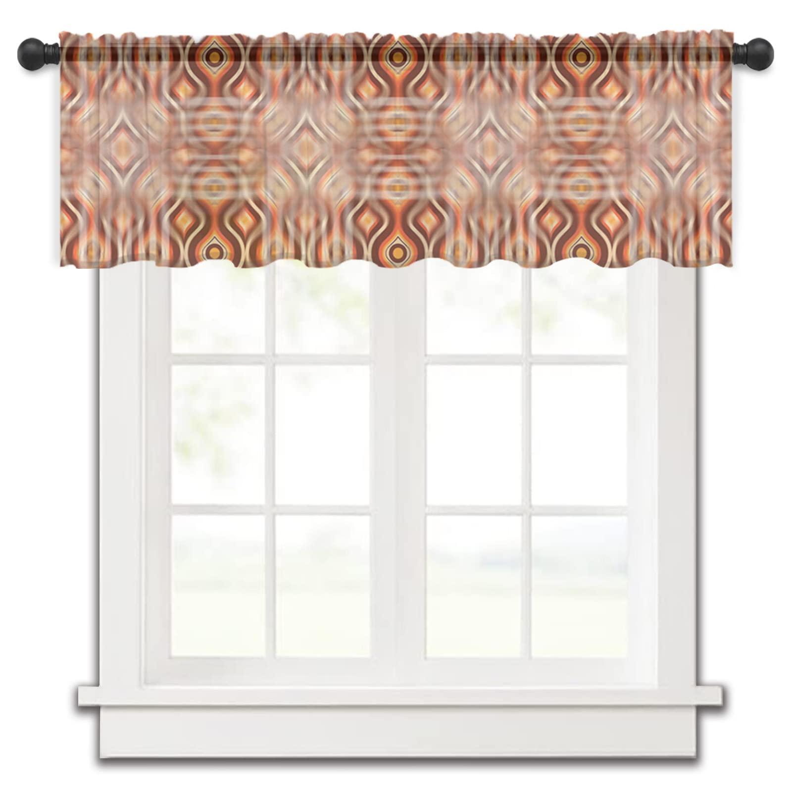 ZOE GARDEN ZOE GARDEN Abstract Valance Curtains for Kitchen/Living Room/Bathroom/Bedroom Window, Rod Pocket Small Topper Half Short Window Curtains Voile Sheer Scarf, Modern Geometric Circle Ombre Brown 54\"x18\"