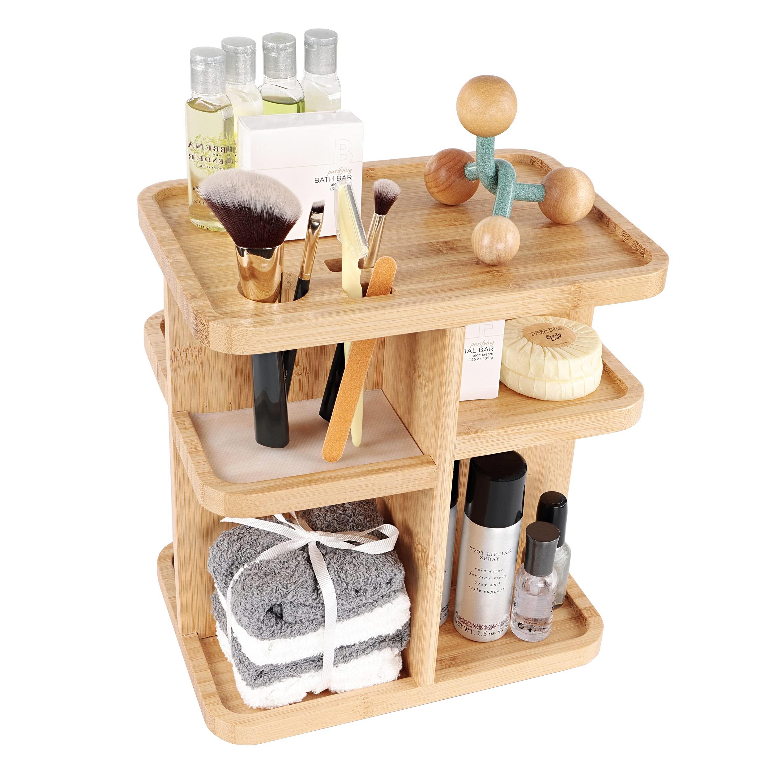 7Penn 7Penn Bathroom Cosmetic Organizer Countertop Rotating Makeup Display - 11in Bamboo Bathroom Tower Shelf 2 Tier Organizer