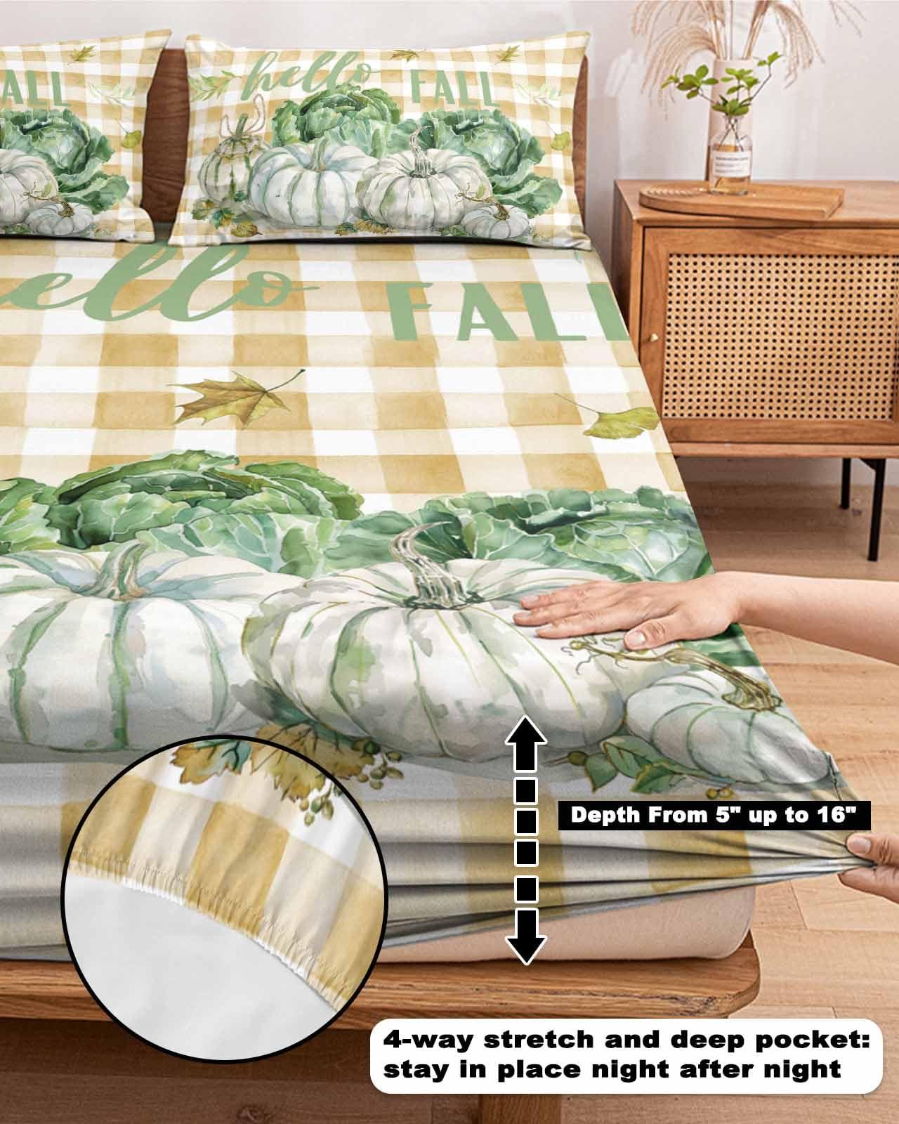 Perdecor Queen Fitted Bed Sheets Fall Thanksgiving Farm Vegetables Brushed Fitted Sheet with Deep Pocket,Soft Microfiber Breathable Bottom Sheet with Pillowcases,Pumpkin Cabbage Country Plaid Bedding Sheet