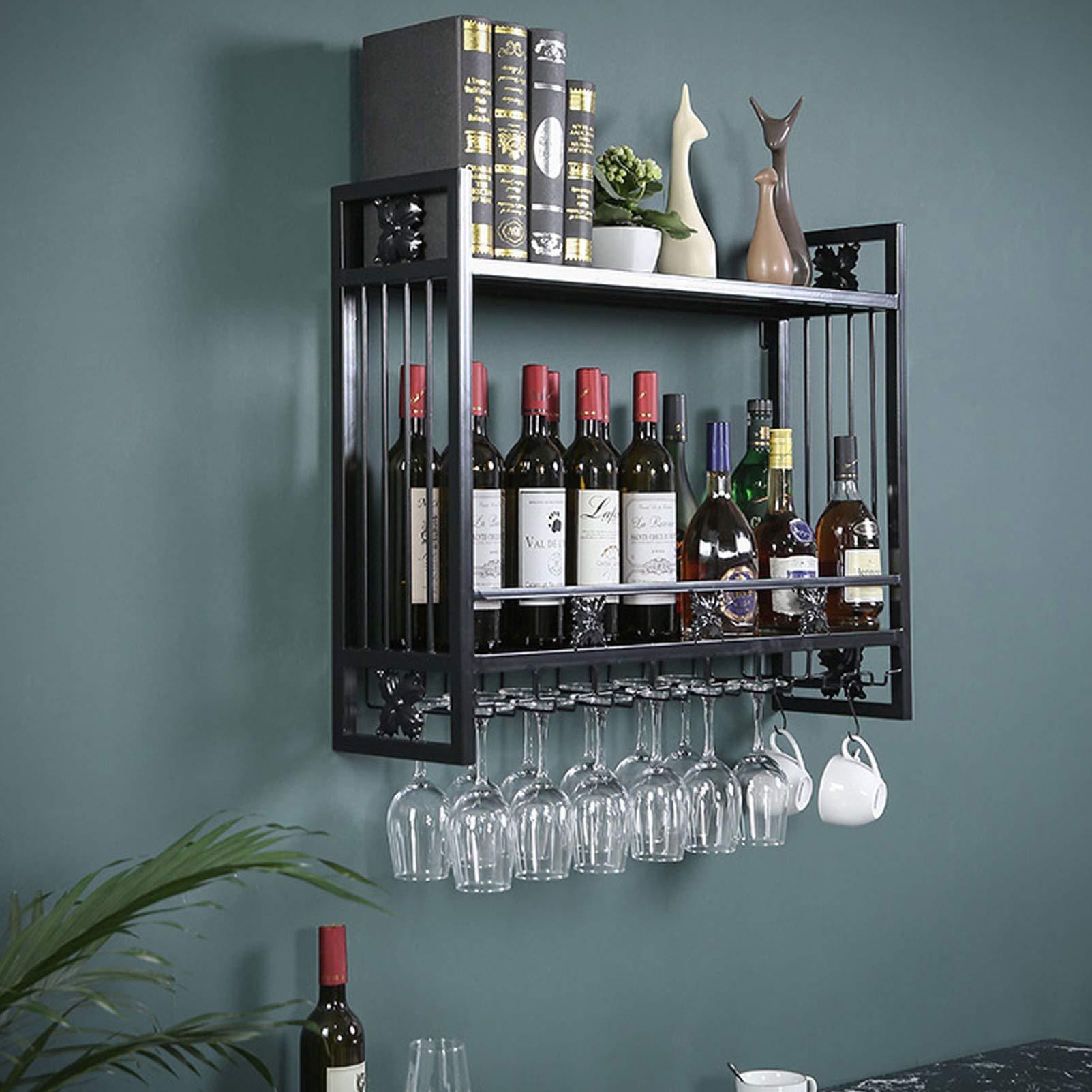 CGF- Mounted Wine Racks Industrial Wine Racks Wall Mounted with Glass Holder, Rustic Metal Hanging Wine Holder Accessories,2-Tiers Wall Mount Bottle Holder Glass Rack,Wood Wall ShelfBlack,Bronze,Gold
