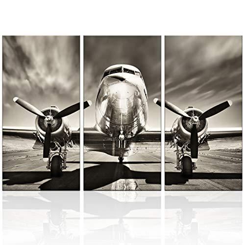 KLVOS KLVOS 3 Piece Airplane Wall Art Vintage Black and white Propeller Aircraft Picture for Boy Room Home Office Modern Home Decor Stretched and Framed Ready to Hang - 16"x32"x3pcs