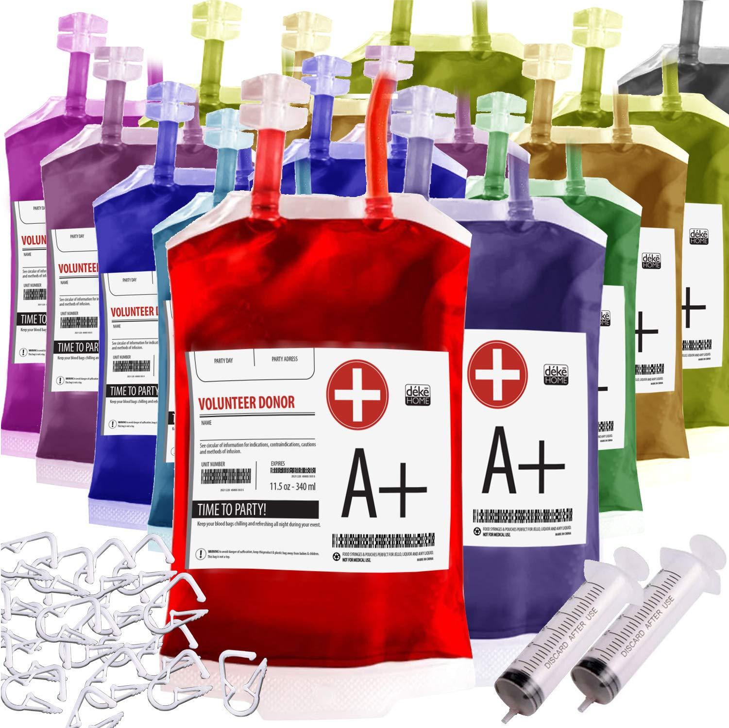 Deke Home Deke Home - Fake IV Blood Bags for Drinks with Extra Syringe, Labels & Clips. Reusable Blood Bag. Drink Pouches. Food Grade, Perfect for Halloween, Party and Decor (Pack of 20, 20, Count)
