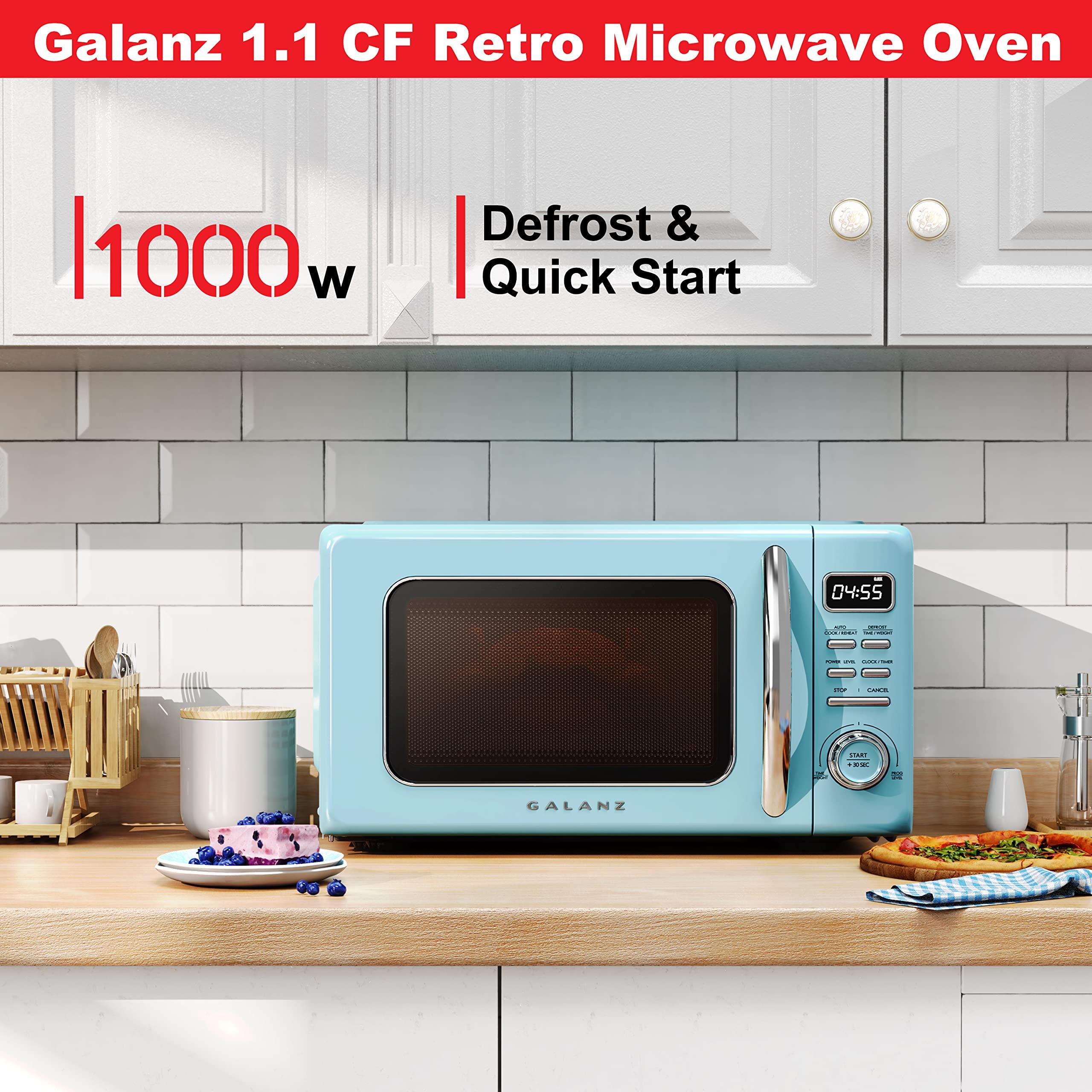 Galanz Galanz GLCMKZ11BER10 Retro Countertop Microwave Oven with Auto Cook & Reheat, Defrost, Quick Start Functions, Easy Clean with Glass Turntable, Pull Handle, 1.1 cu ft, Blue