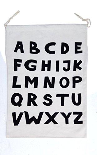 Chezi Chezi Cute Cartoon Print Drawstring Heavy Canvas Large Laundry Bag Basket Beige (Alphabet)