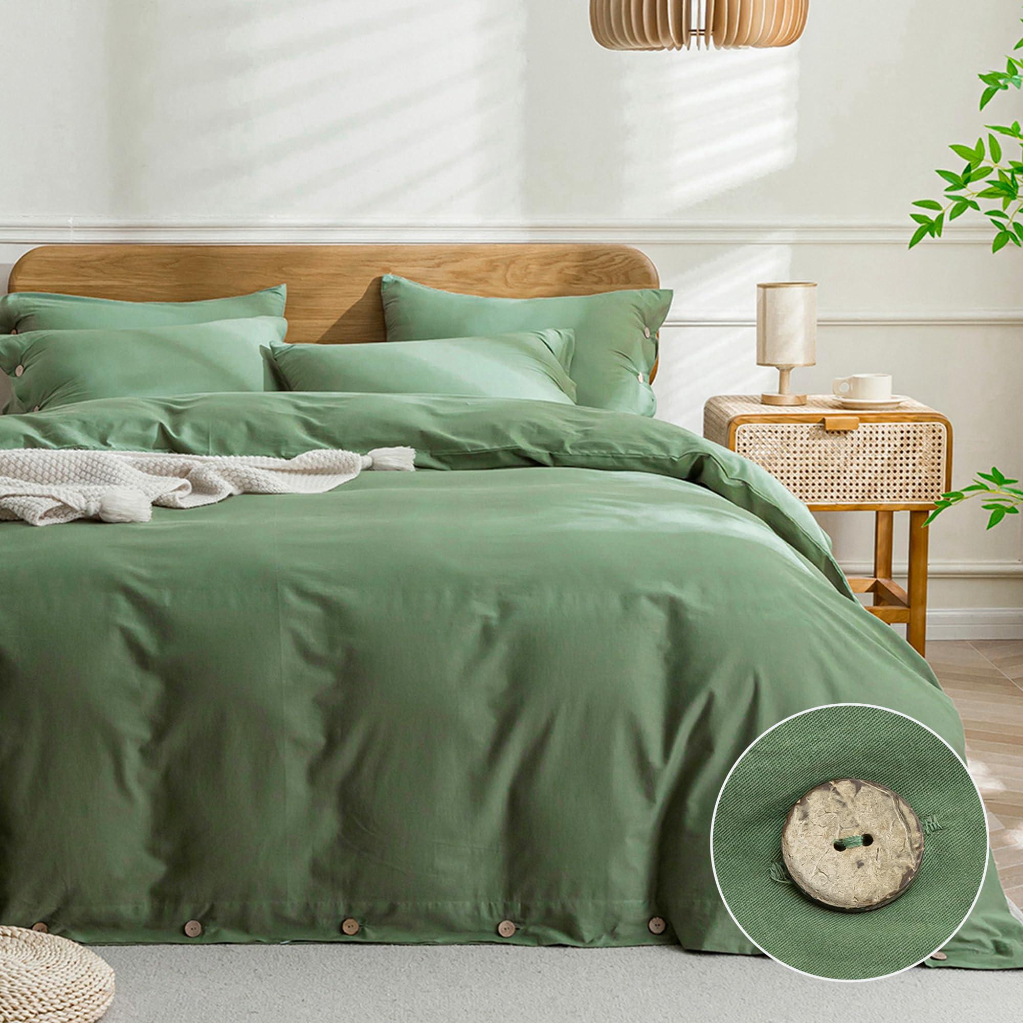JELLYMONI JELLYMONI Cotton Duvet Cover Set - 100% Washed Cotton Linen Like Textured Comforter Cover, 3 Pieces Soft Bedding Set with Button Closure (Green, Super King 120\"x98\")