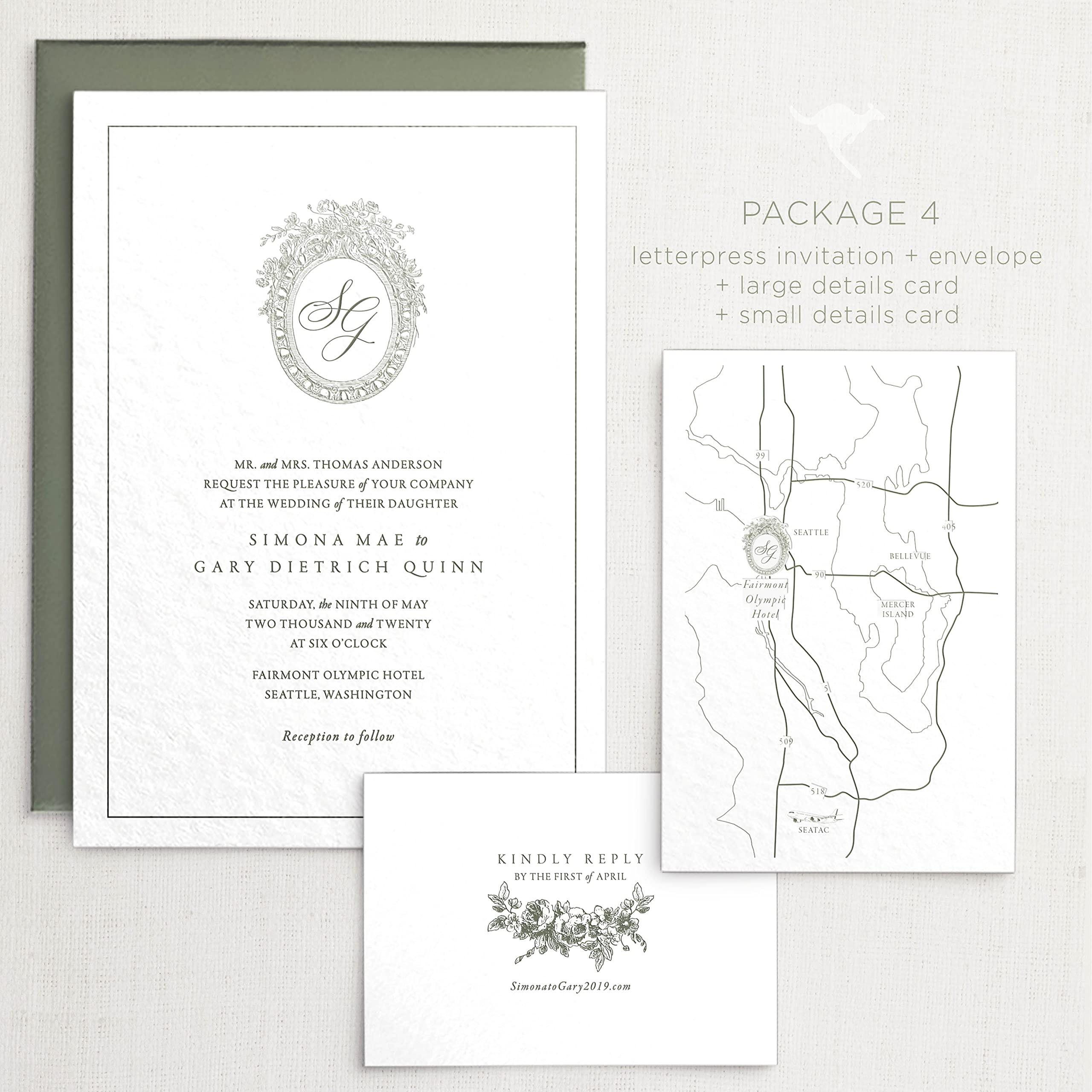 marsupial papers Letterpress Wedding Invitations | Customizable Elegant, Floral, Custom Printed | Simona Wedding Invitation with RSVP Envelopes Details Cards (Set of 150, Package 3)