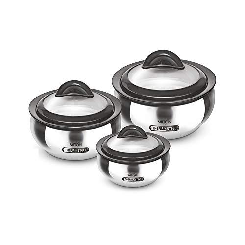 MILTON Milton Casserole with Glass Lid Set of 3 for Hot Food, Insulated Hot Pot, Stainless Steel, Serving Box (bowl, dish) for Food and Roti, Sizes 19 oz, 41 oz and 66 oz, Clarion