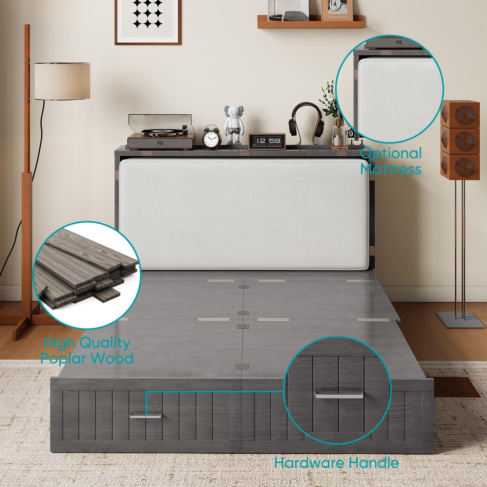 BALUS BALUS 64\" W Murphy Bed Cabinet with Mattress,Murphy Bed Queen,Modern Muti-Functional Cube Cabinet Bed 2 Large Drawers&3 Level Folding Foam Mattress for Living Room/Apartment/Loft (Stone Grey)