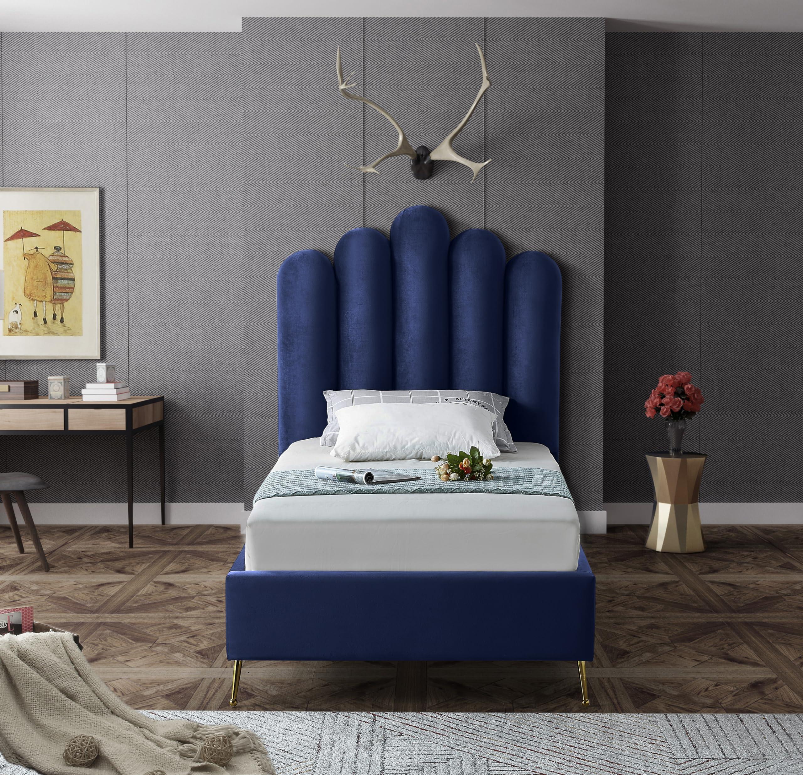 Meridian Furniture Meridian Furniture Lily Collection Modern | Contemporary Velvet Upholstered Bed with Deep Channel Tufting and Custom Gold Steel Legs, Twin, Navy