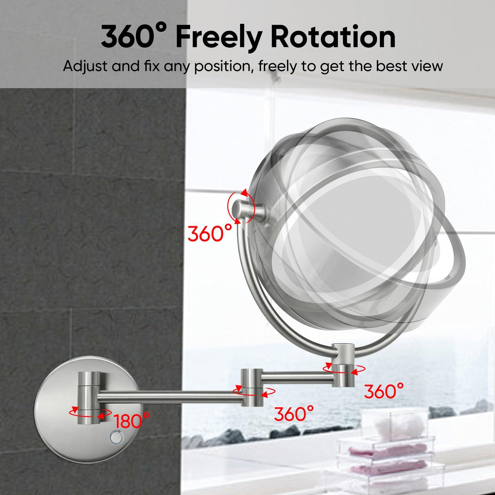 GURUN GURUN Wall Mounted Hardwired Makeup Mirror with 3 Dimmable LED Lights 10x Magnifying Mirror for Bathroom Touch Control 13\" Extendable Arm Direct Wire Brushed Nickel M1809DN (10x,Nickel)