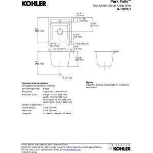 Kohler KOHLER 19022-1-0 Park Falls Top Mount or Undermount Single-Bowl Utility Sink, 21\" Cast Iron Dual-Mount Utility Sink, White