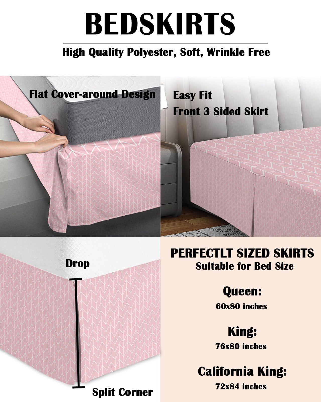 Sabolny Modern Pink Bed Skirt with Split Corners King Size 16" Drop, Tailored Dust Ruffle Bed Skirts Wrap Around Bedskirt Soft Cozy Bedding for Bedroom Hotel Contemporary Minimalist Geometric Stripe