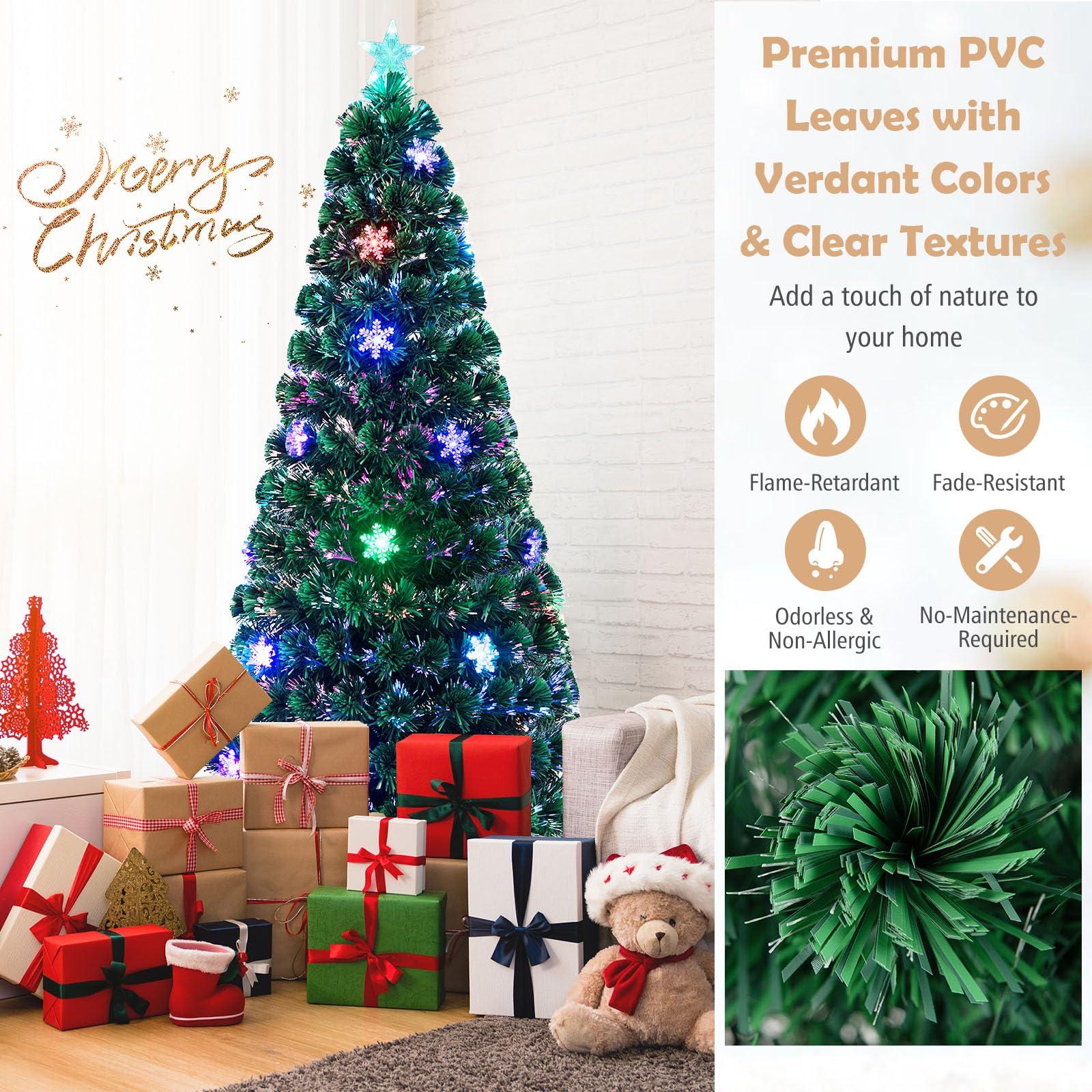 Goplus Goplus 6ft Pre-Lit Fiber Optic Christmas Tree, Artificial Xmas Full Tree with Colorful Snowflake LED Lights, 220 Branch Tips, Foldable Metal Base, for Office Home Holiday Decor