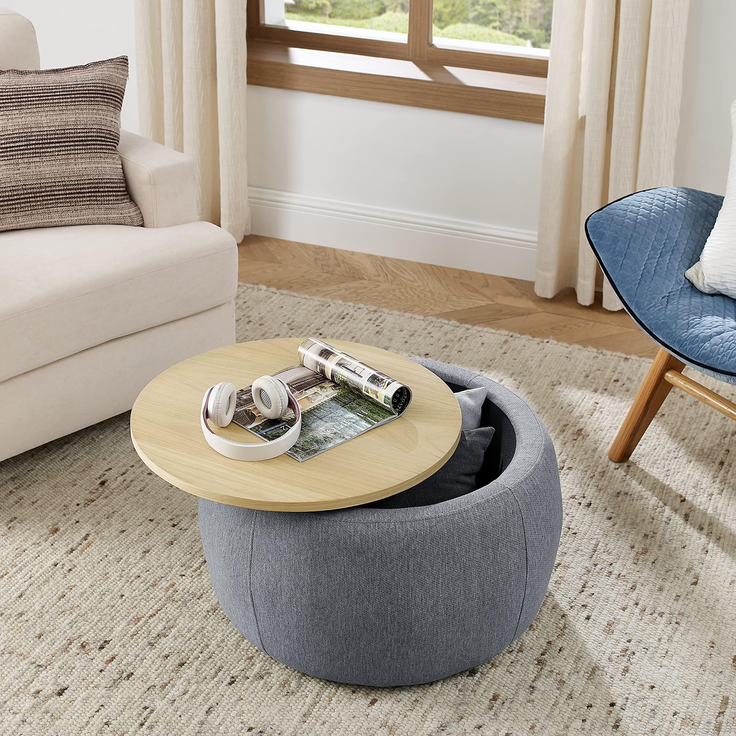 Tmosi Round Storage Ottoman Coffee Table, Footstool, Side Table End Table for Living Room (Dark Grey)