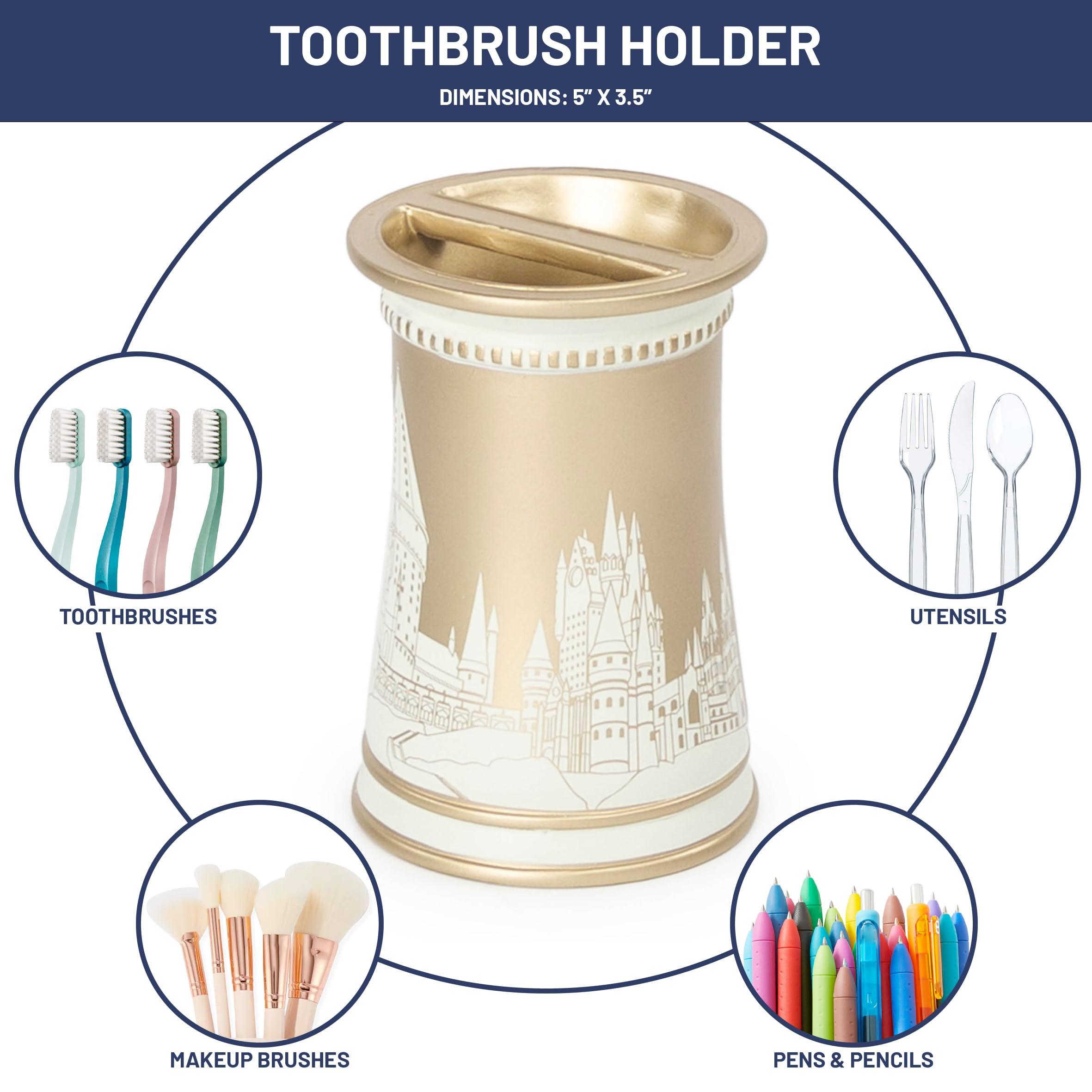 Jay Franco Harry Potter Bathroom Organizer Set - 4 Piece White and Gold Hogwarts Crest Accessories includes Resin Soap Dispenser, Soap Dish, Toothbrush Holder and Tumbler - Bathroom Dcor