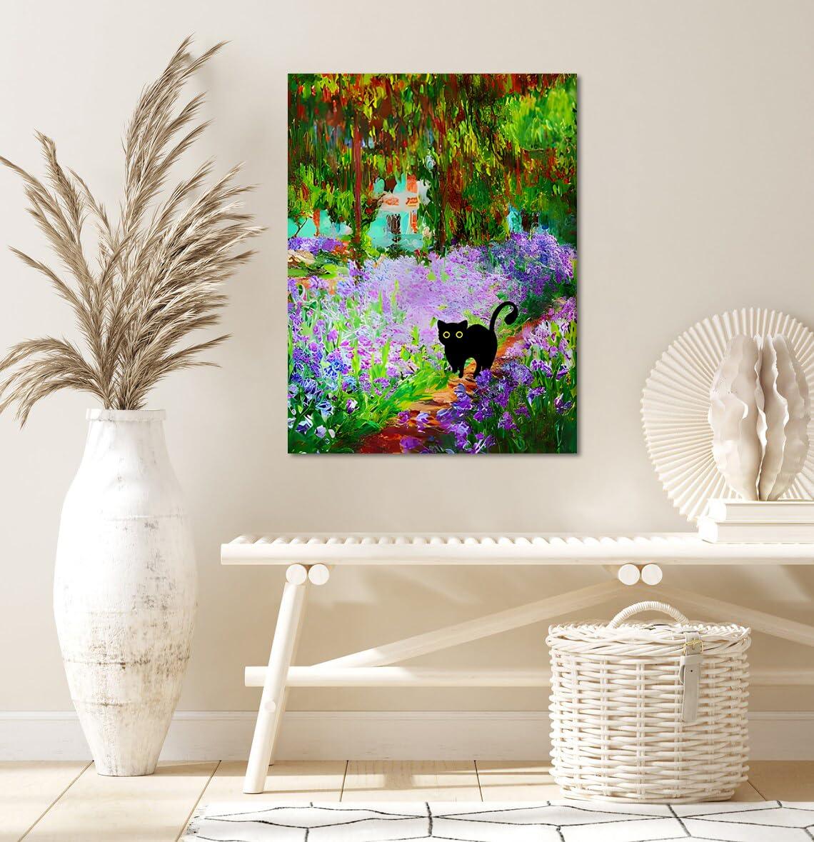 FOSULA Monet Cat Wall Art - Claude Monet Cat Wall Art Prints - Cat Monet Art - Monet Irises Garden Cat Canvas Print - Claude Monet Cat Poster - Monet Irises Garden Cat Wall Decor - Framed Ready to Hang