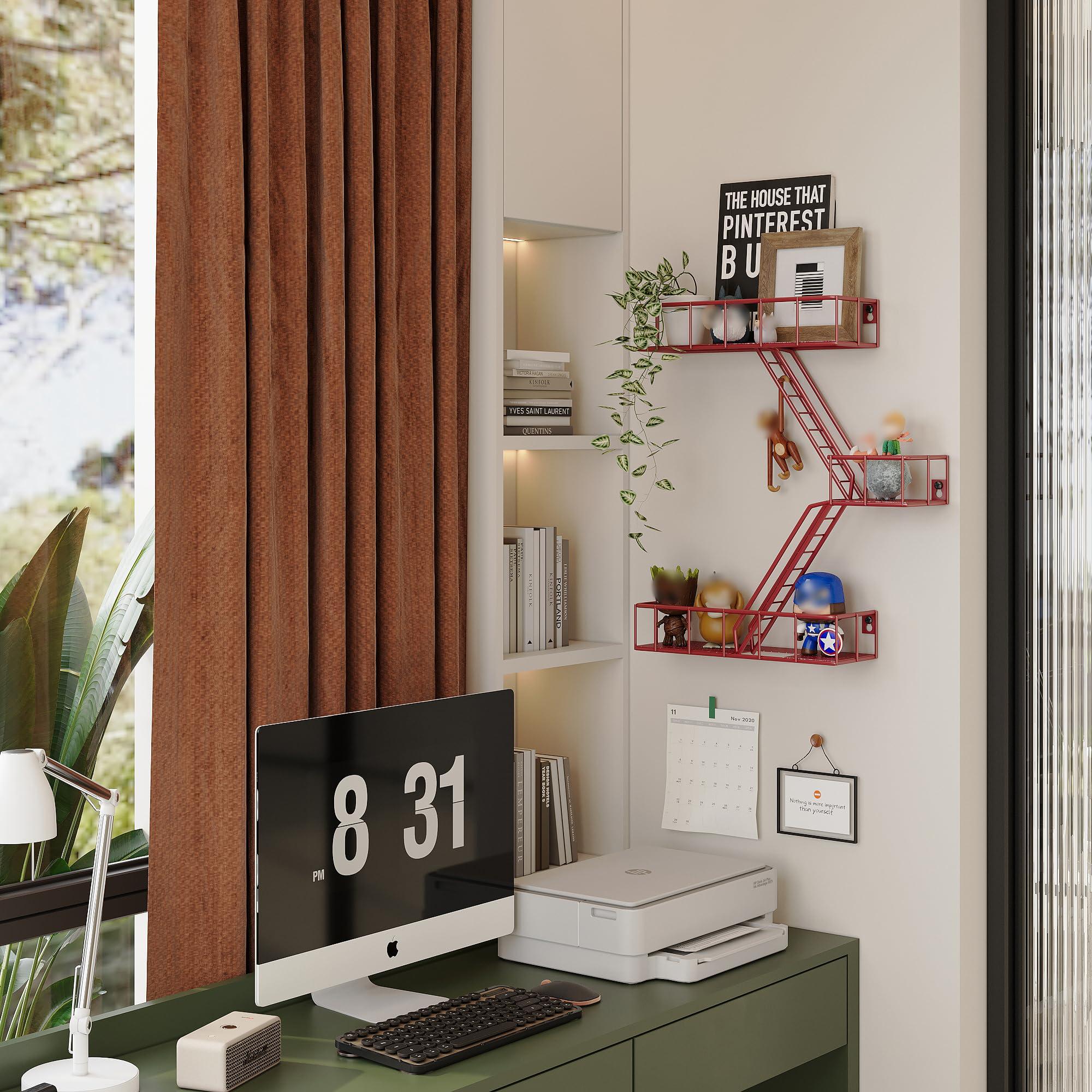 LUDORU Fire Escape Wall Shelf with Baskets, 3-Tier Metal Fire Escape Ladder Shelf Wall Organizer, New York Inspired Decorative Shelf, Red Floating Action Figurine Display Shelves for Bedroom, Home Dcor.