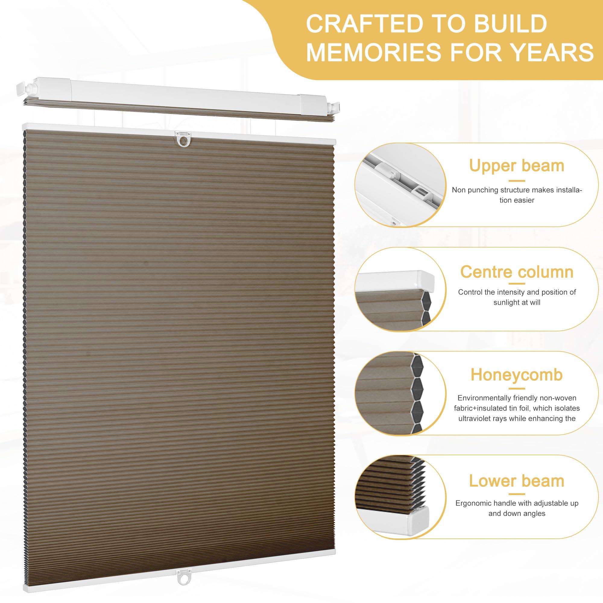 Doing-X Doing-X Cordless Cellular Shades Blackout Top Down Bottom Up No Tool No Drill Honeycomb Cellular Window Blinds Room Darkening French Door Blinds for Kitchen Living Room Office,Brown,29.5" W x 64" H