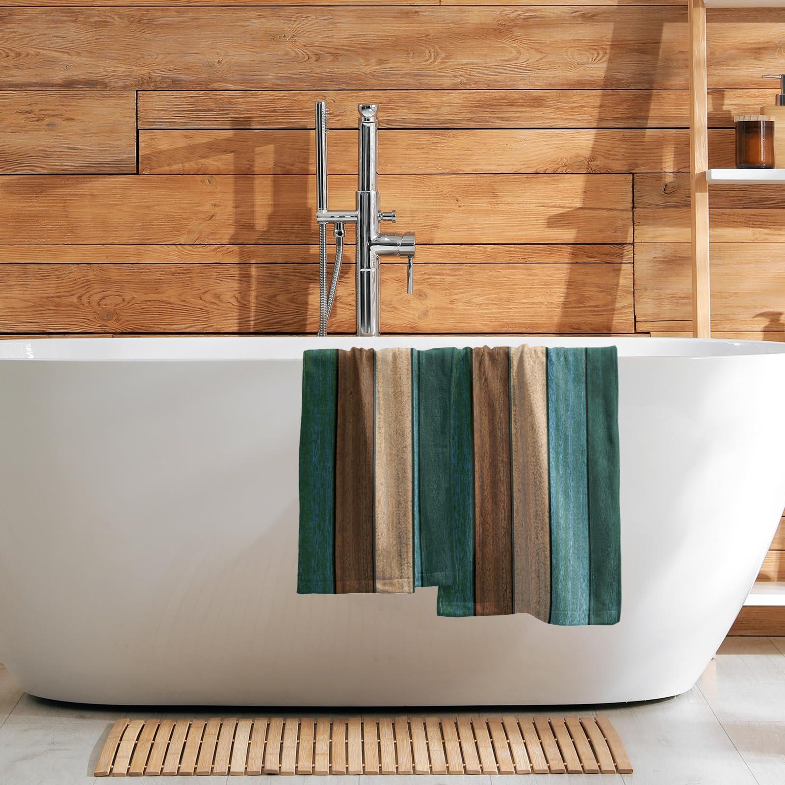 Mweet Rustic Barn Wood Hand Towels Set of 2 Teal Green Brown Country Wooden Plank Kitchen Towels 28x14 Inches Cotton Highly Absorbent Ultra Soft Dish Towel Bathroom Home Decor