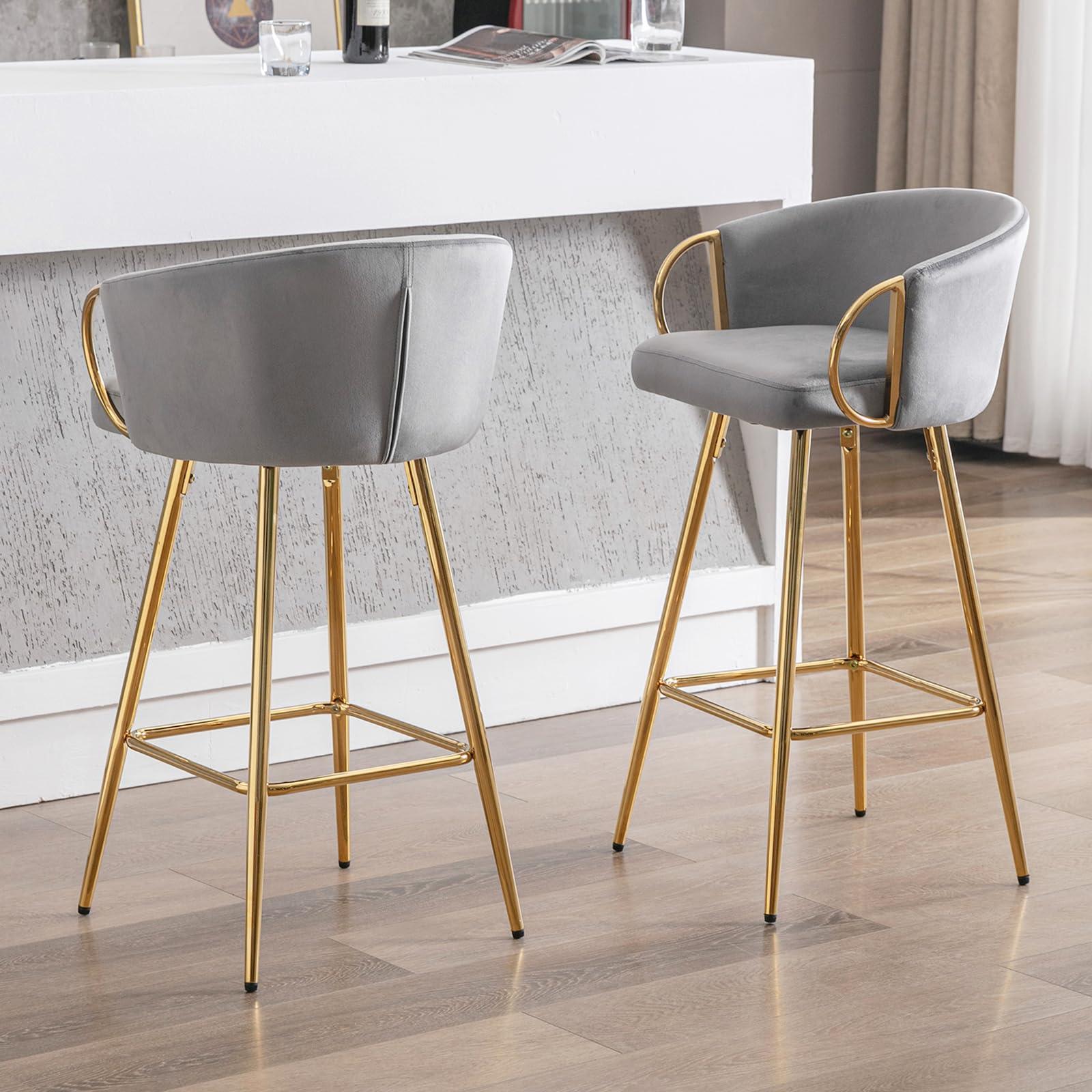 binzida binzida Bar Stools Set of 4, 26 Inch Counter Height Bar Stools Velvet Low Back Chair with Golden Armrest for Kitchen Island/Home Bar/Dining Room (Gray)