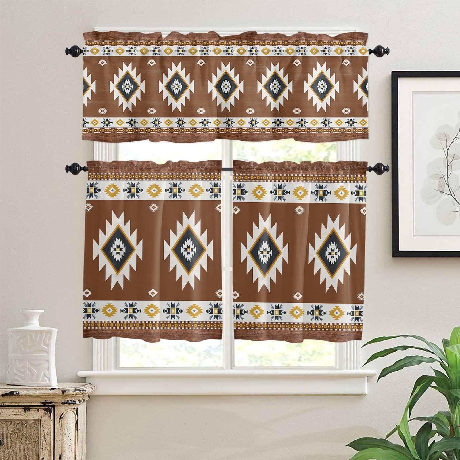 LEOKOTI Kitchen Curtains Tiers and Valances Set, Southwest Rod Pocket Kitchen Curtains Set - Tier Curtains 36 Inch, Western Brown Yellow Geometric Abstract Art Wooden Valances for Window Living Room/Bedroom