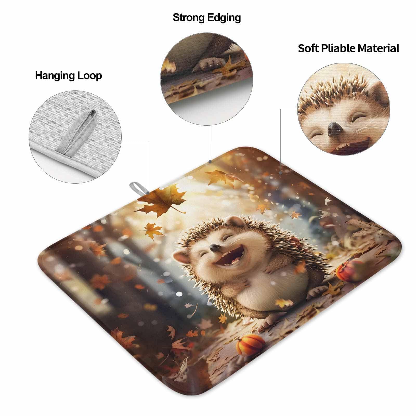 ALAGEO Fall Dish Drying Mat for Kitchen 16x18 Inch Smile Hedgehog Absorbent Reversible Microfiber Dish Drying Pad Dish Rack Drainer Mats Pumpkin Maple Leaves Forest Thanksgiving Kitchen Counter Accessories