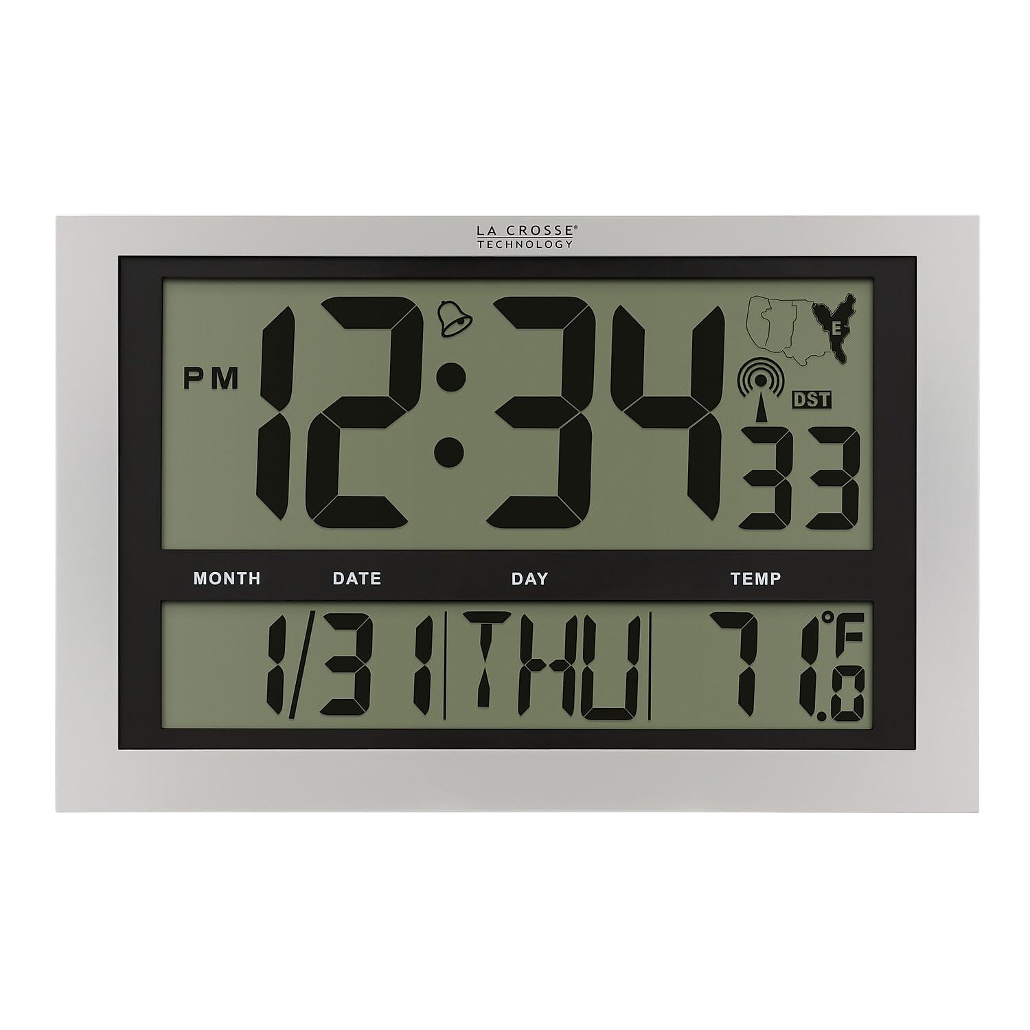 La Crosse Technology La Crosse Technology 513-1211 Atomic Wall Clock with Jumbo LCD Display with Indoor Temperature , Silver