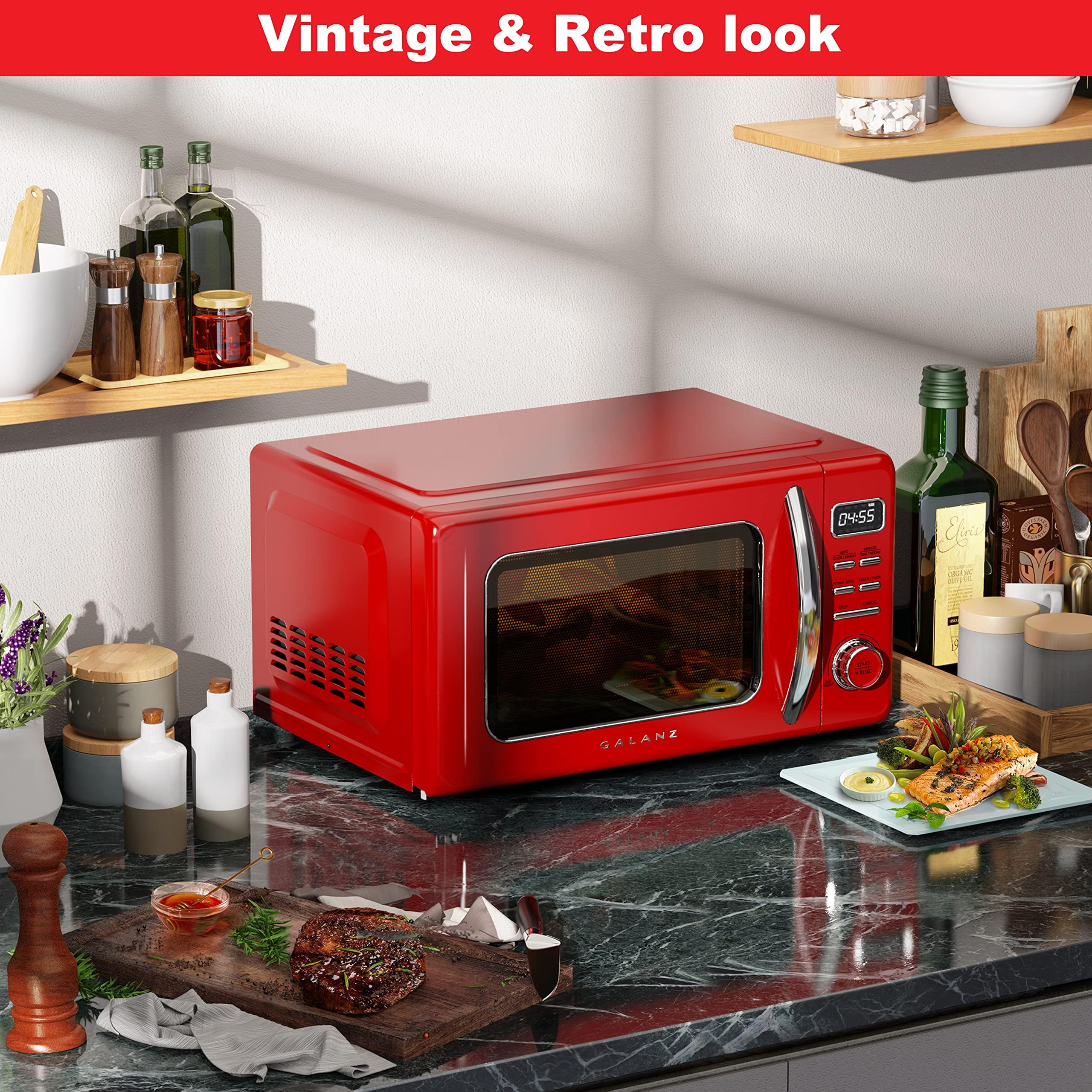 Galanz Galanz GLCMKZ11RDR10 Retro Countertop Microwave Oven with Auto Cook & Reheat, Defrost, Quick Start Functions, Easy Clean with Glass Turntable, Pull Handle, 1.1 cu ft, Red
