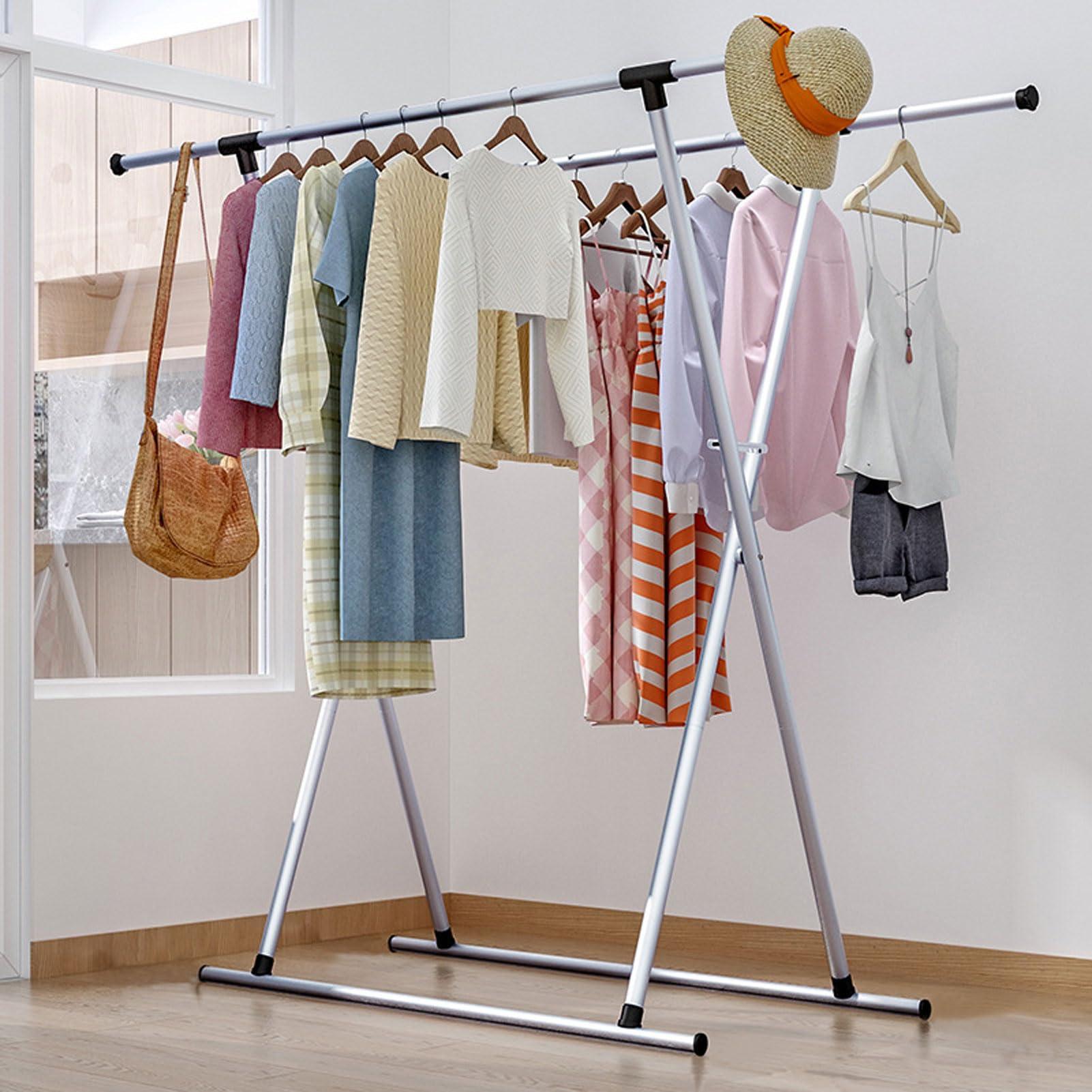 RUANLOV RUANLOV Clothes Drying Rack, Telescopic Clothes Drying Pole, Floor-Standing Removable Indoor Double-Pole Clothes Hanger, Stainless Steel Heavy Duty Clothes Hanger (78)