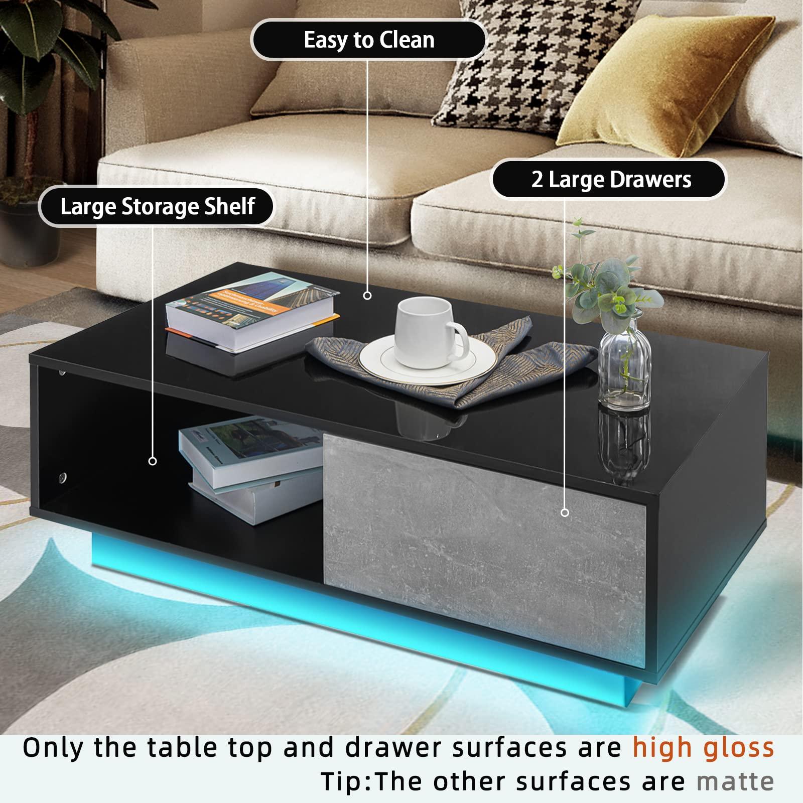 HOMMPA HOMMPA Small LED Coffee Tables for Living Room Grey Coffee Table with LED Lights Modern Low Profile Center Table with High Gloss Table Top for Small Place 13\" Tall