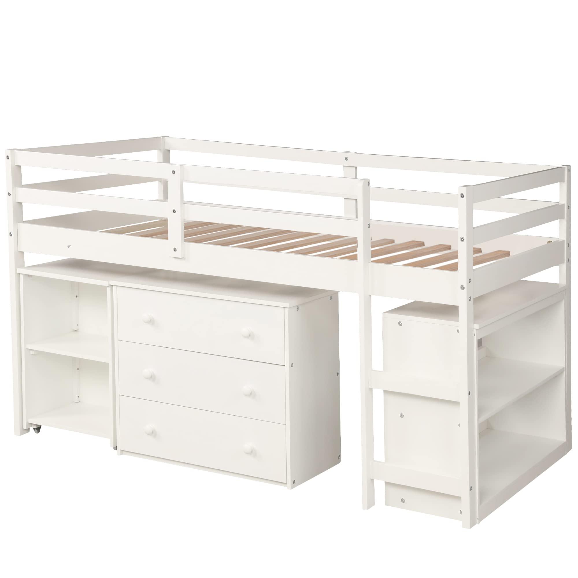 Harper & Bright Designs Harper & Bright Designs Twin Size Low Loft Bed with Rolling Portable Desk and Storage Cabinet, Wooden Low Study Loft Bed with Drawers, for Kids Teens Girls Boys - White
