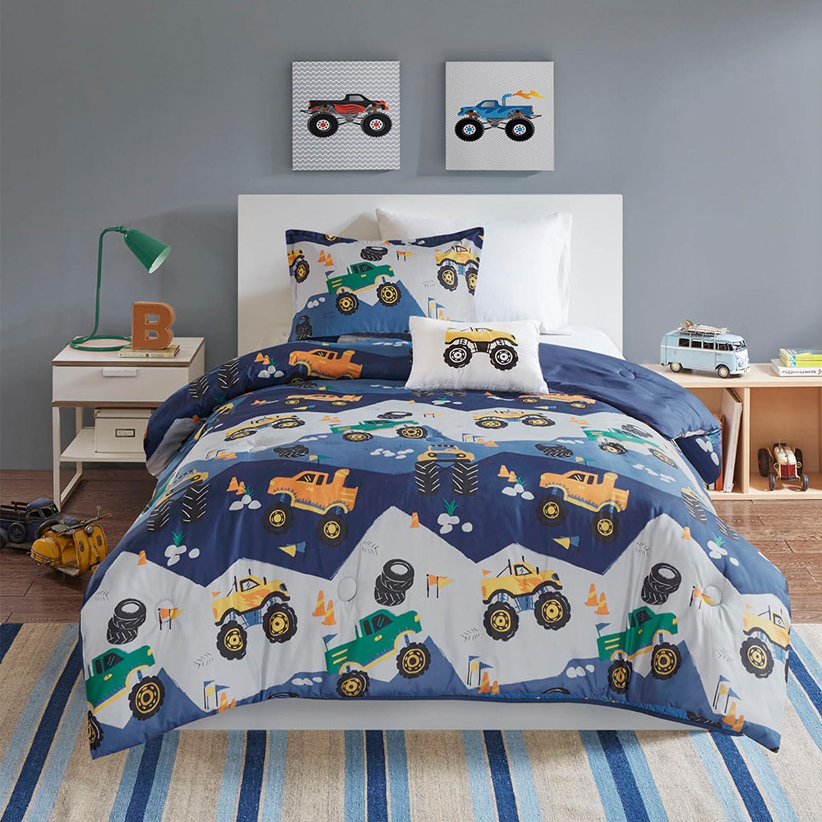 MI ZONE KIDS Mi Zone Kids Twin Comforter Set for Boys 3 Piece Monster Truck Comforter Set, Twin Size Bedding Set, Teen Bed Set, Microfiber Bedding Set, Matching Sham, Embroidered Truck Throw Pillow, Twin, Blue
