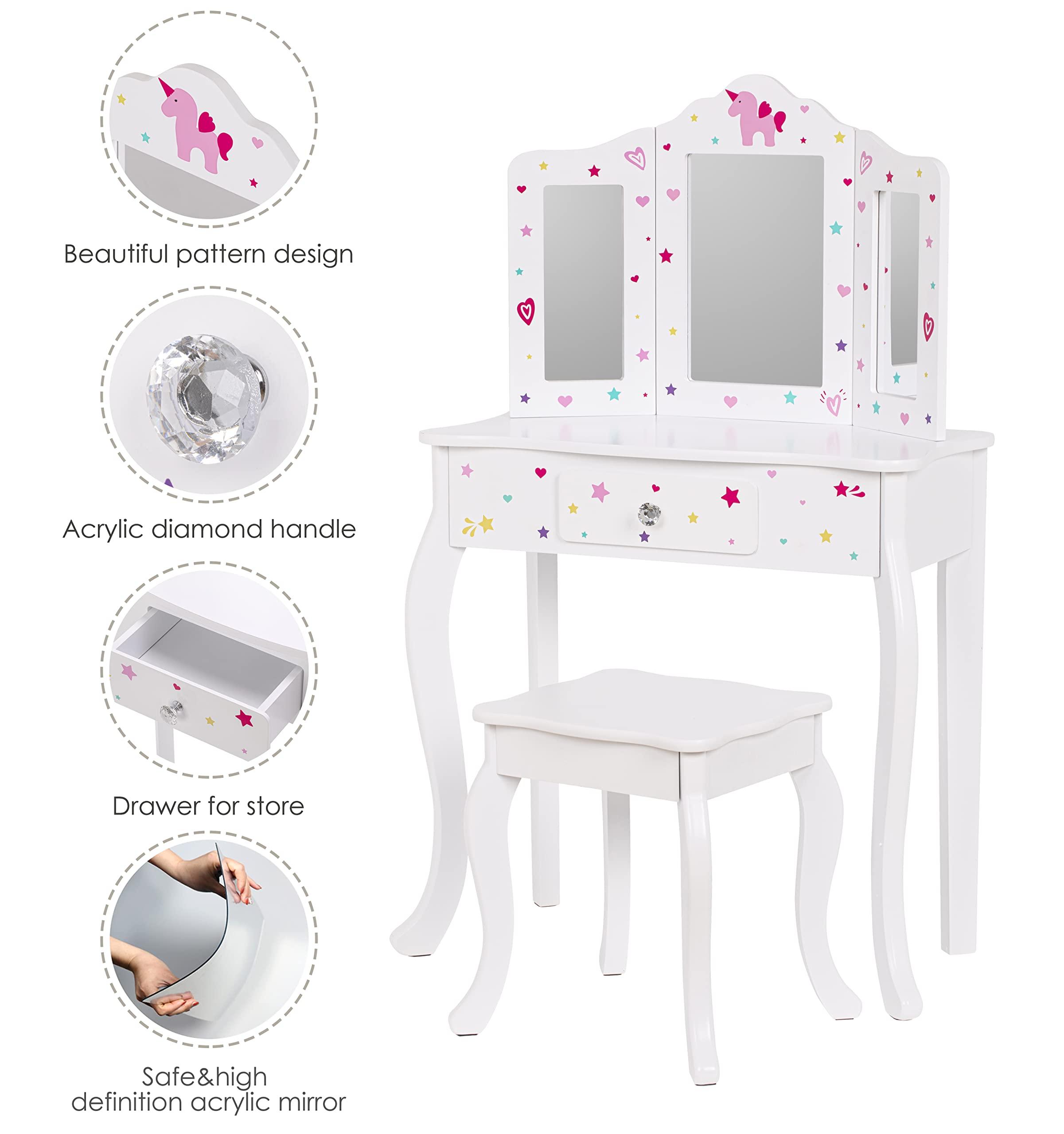 UTEX UTEX Pretend Play Kids Vanity Table and Chair Vanity Set with Mirror Makeup Dressing Table with Drawer, Play Vanity Set,White