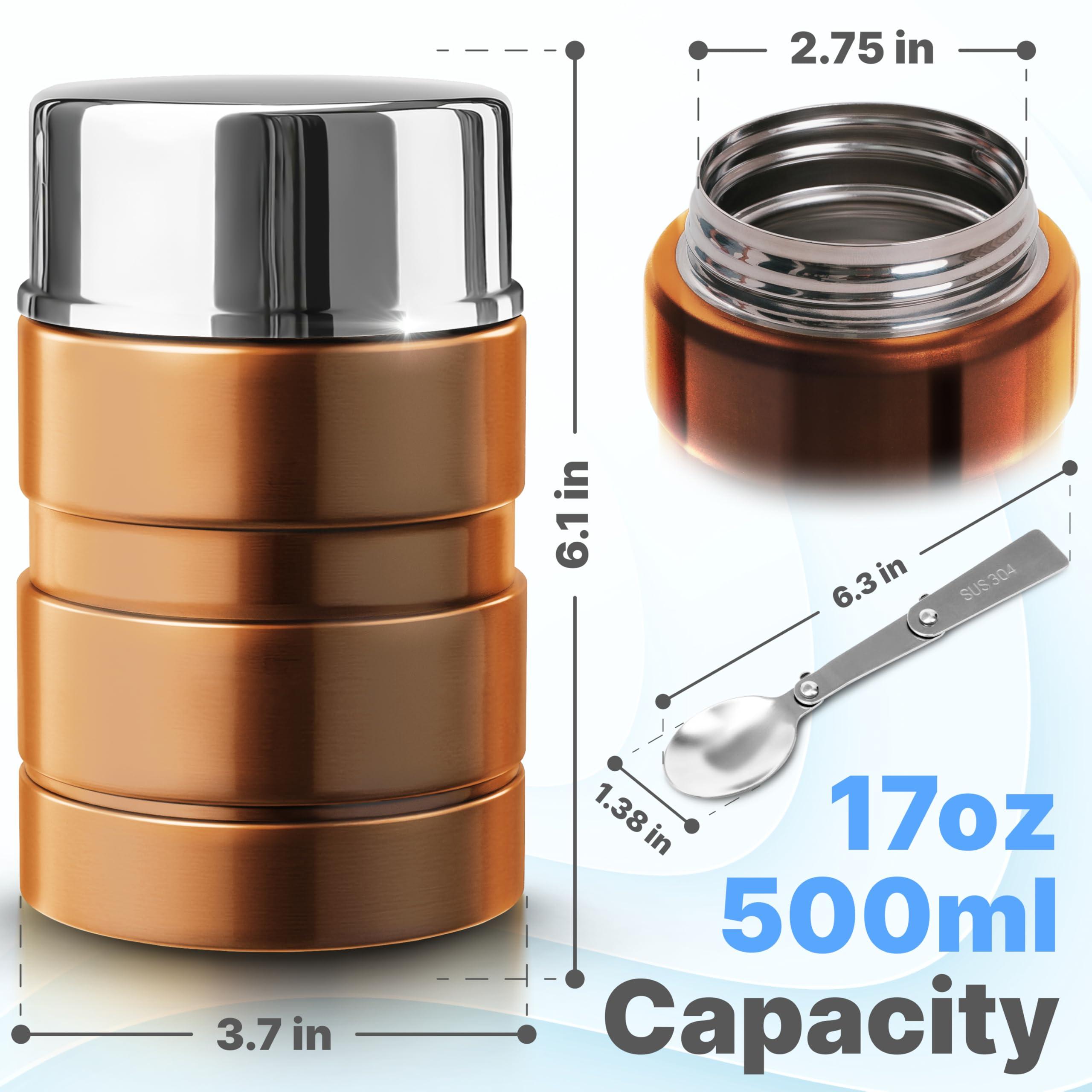Earth&ME Earth&ME Stainless Steel Thermo For Hot Food 17OZ with Folding Spoon, Vacuum Insulated Food Container, Soup Thermo with Wide Mouth, Insulated Food Jar for Hot & Cold Food, Gold