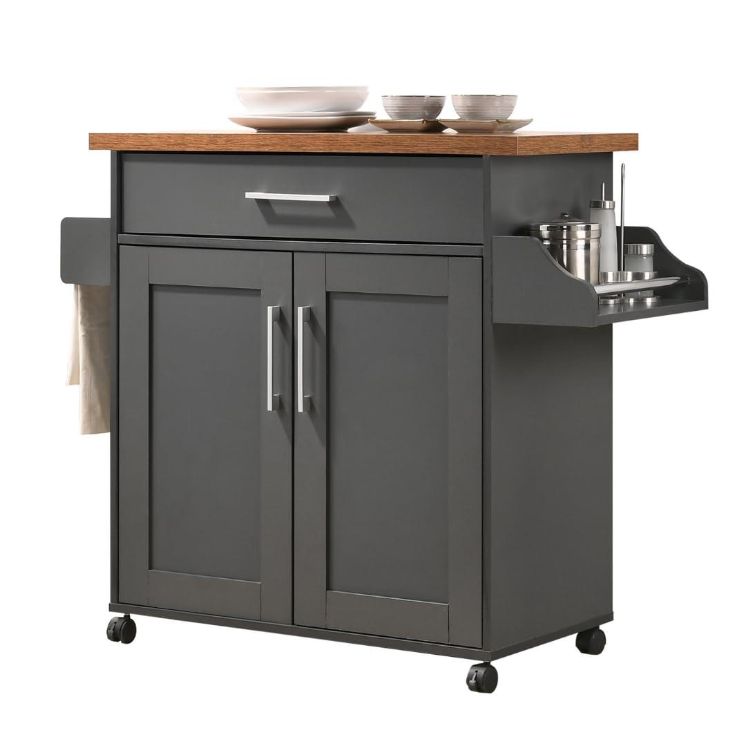 Hodedah Hodedah Kitchen Island with Spice Rack, Towel Rack & Drawer, Grey with Oak Top