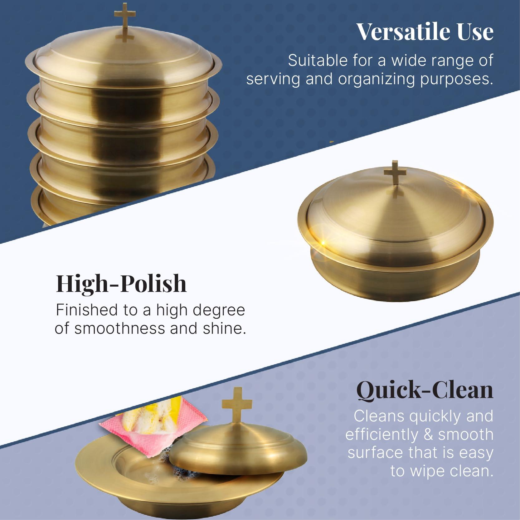 Mayur Exports Communion Ware Holy Wine Serving Tray with A Lid & A Stacking Bread Plate with A Lid - Stainless Steel (Brass/Gold)