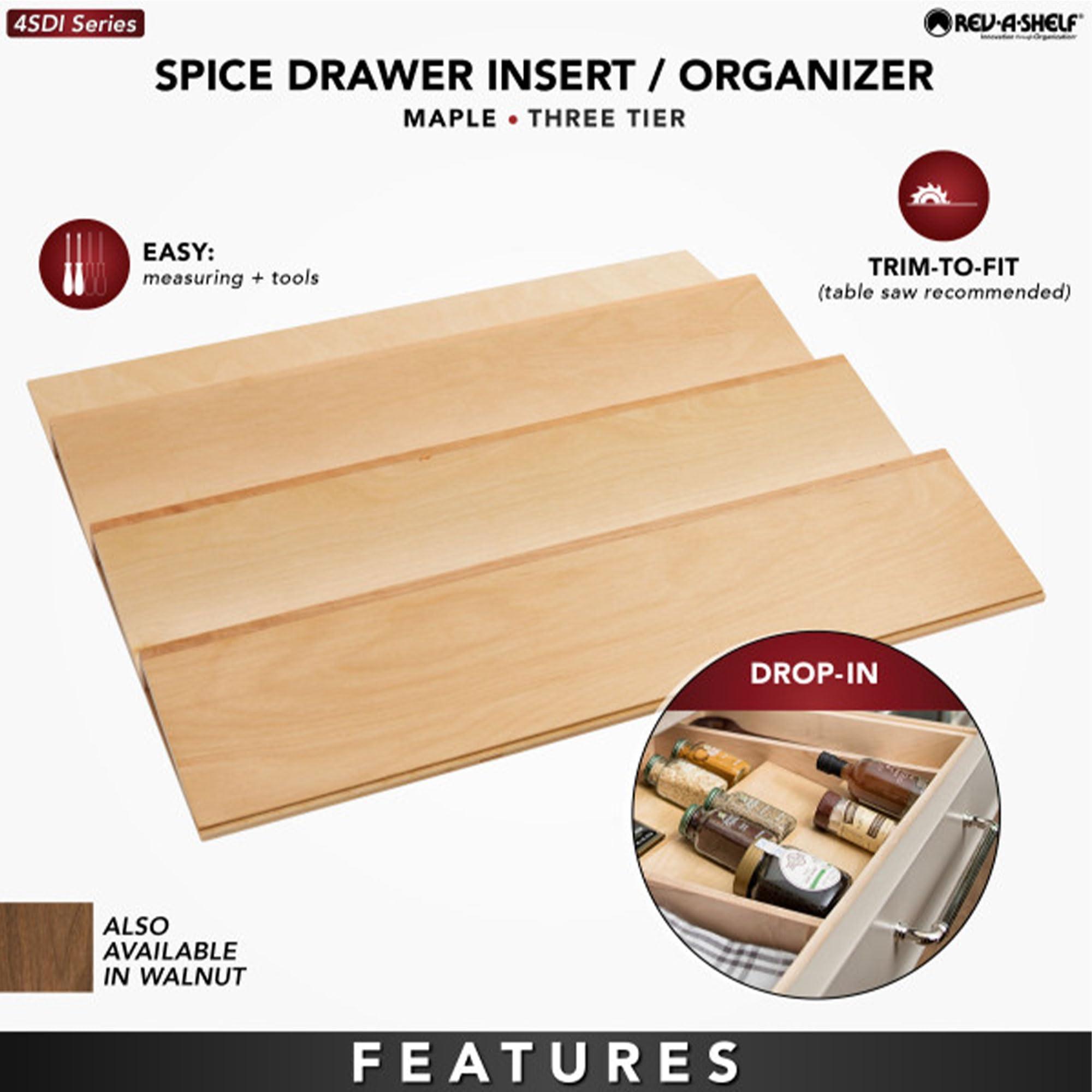Rev-A-Shelf Rev-A-Shelf 22\" 3 Tiered Seasoning Organizer, Trim-to-Fit Wooden Kitchen Draw and Cabinet Home Storage Insert, Pull Out Spice Rack, Maple, 4SDI-24