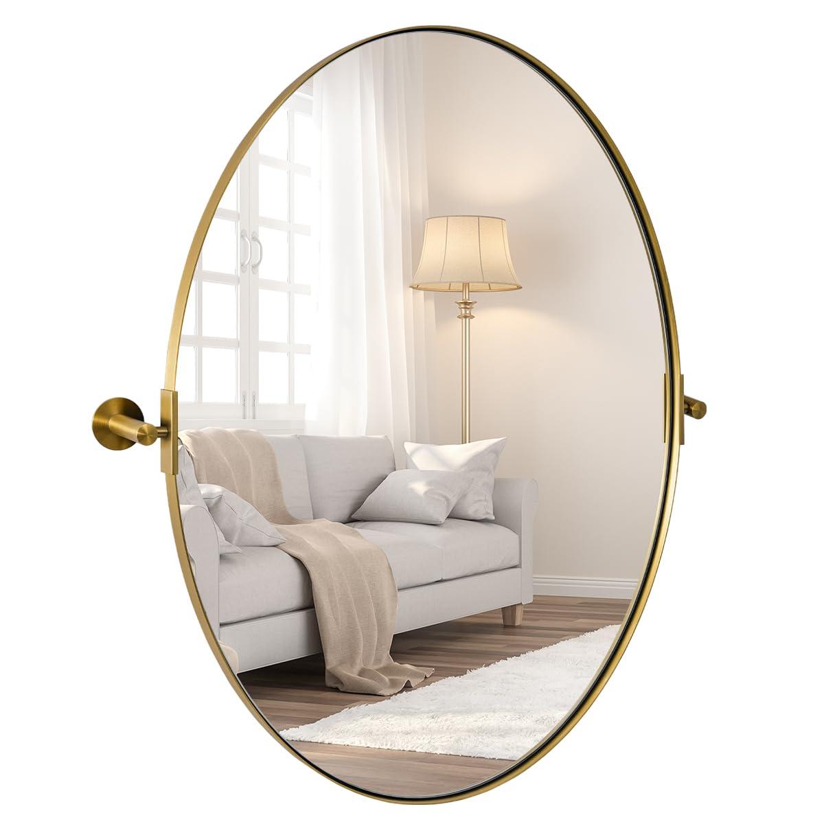 ANDY STAR ANDY STAR Gold Oval Mirror, Oval Pivot Bathroom Mirror, Brushed Gold Oval Pivot Mirror Bathroom Stainless Steel Metal Frame Tilting Vanity Wall Mirror Hangs Vertical