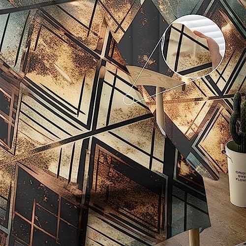 PIEPLE Brown Teal Geometric Sheer Curtains 63 Inch Length 2 Panels Set for Living Room/Bedroom, Retro Modern Plaid Abstract Art Semi Curtain Sheers Drapes Rod Pocket Curtains Window Treatment Set 52x63x2
