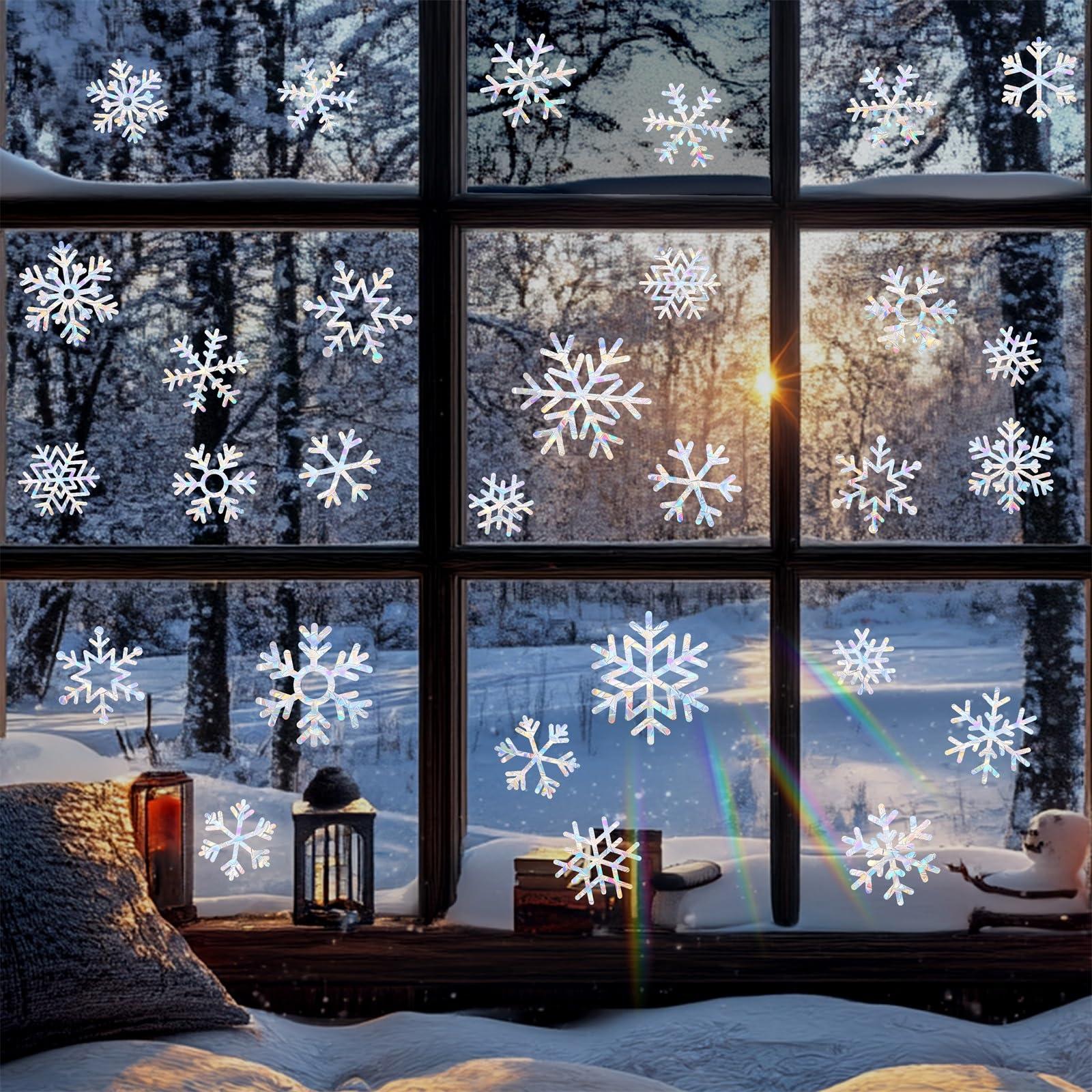 Barri Design Christmas Snowflake Window Clings for Glass Windows Static Cling Snow Window Decals Anti-Collision Winter Window Stickers for Bird Strikes Vinyl Stickers Suncatcher Rainbow Stickers