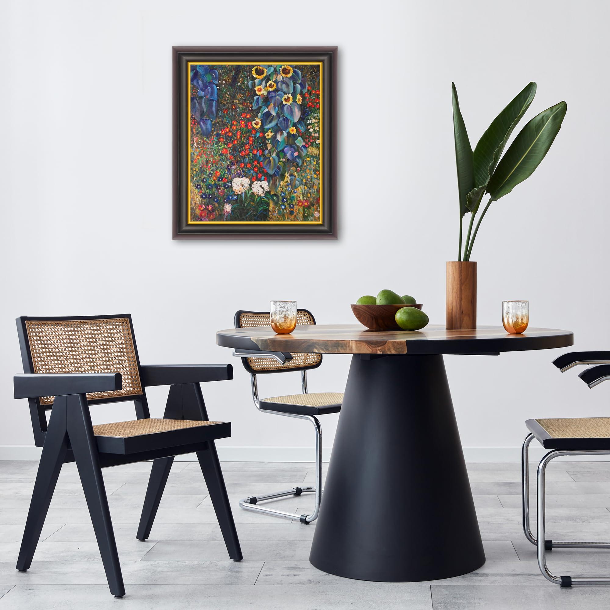 overstockArt La Pastiche overstockArt Farm Garden with Sunflowers Canvas Art by Klimt, Opulent Dark Stained Wood with Gold Trim Frame, 26\" x 30\"