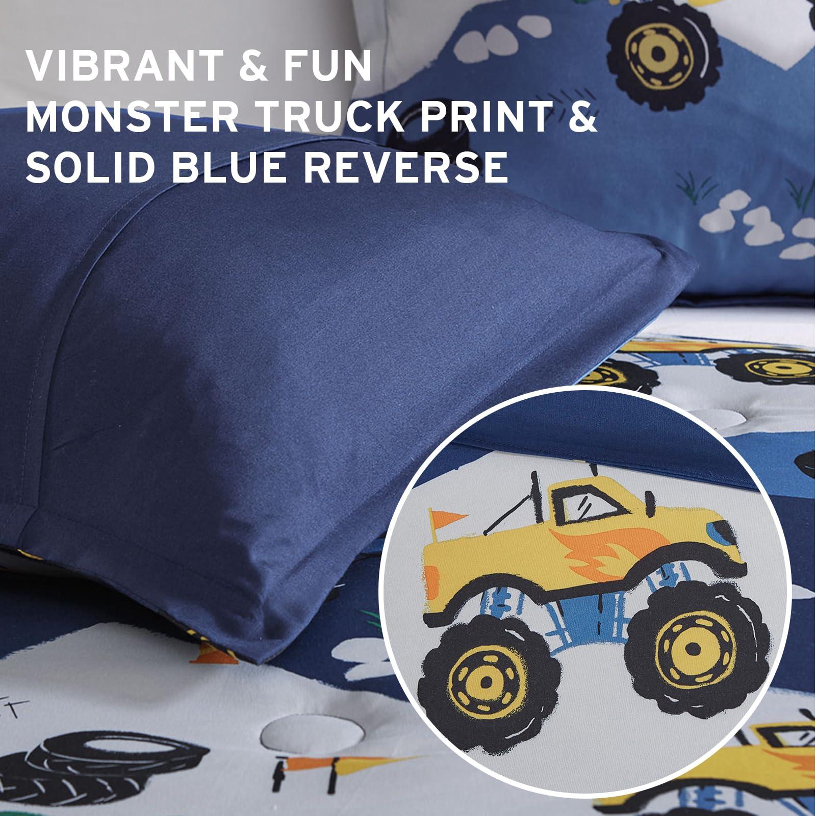 MI ZONE KIDS Mi Zone Kids Twin Comforter Set for Boys 3 Piece Monster Truck Comforter Set, Twin Size Bedding Set, Teen Bed Set, Microfiber Bedding Set, Matching Sham, Embroidered Truck Throw Pillow, Twin, Blue