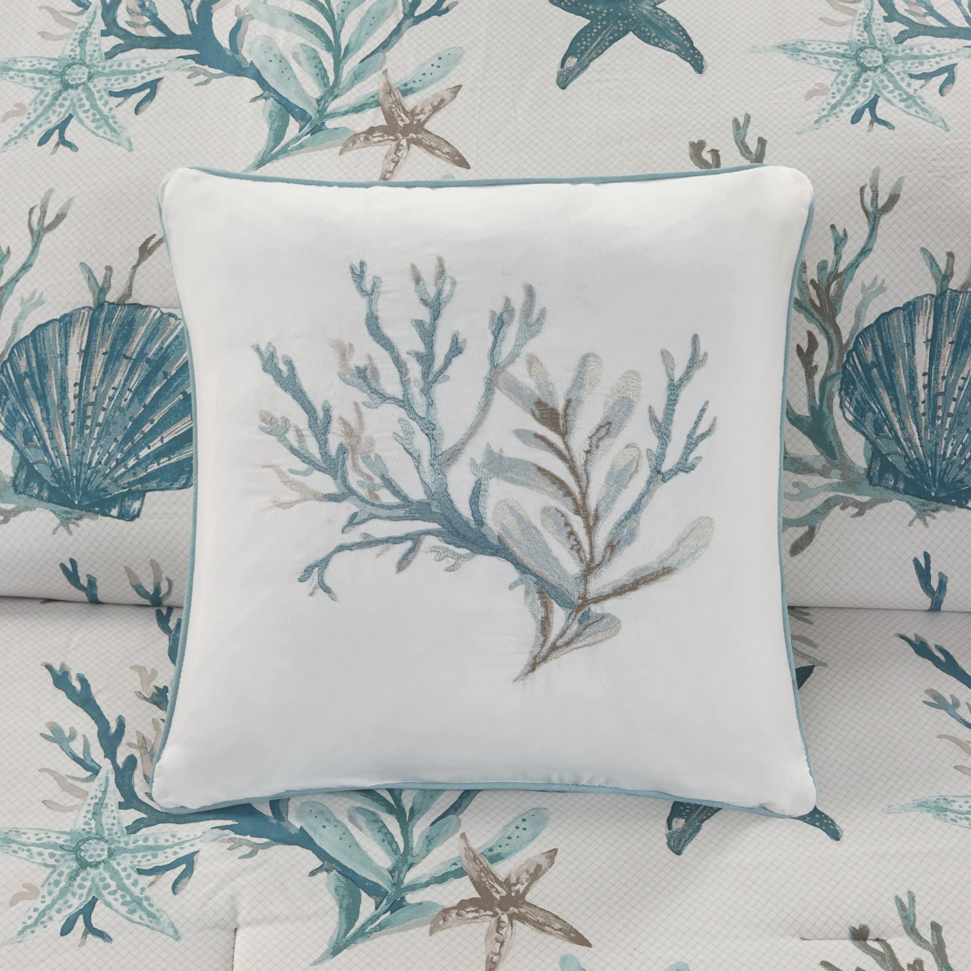 Madison Park Madison Park Pebble Beach 100% Cotton Comforter Set - Coastal Coral, Starfish Design All Season Down Alternative Cozy Bedding with Matching Shams, Decorative Pillow, Queen(90\"x90\") Aqua 7 Piece