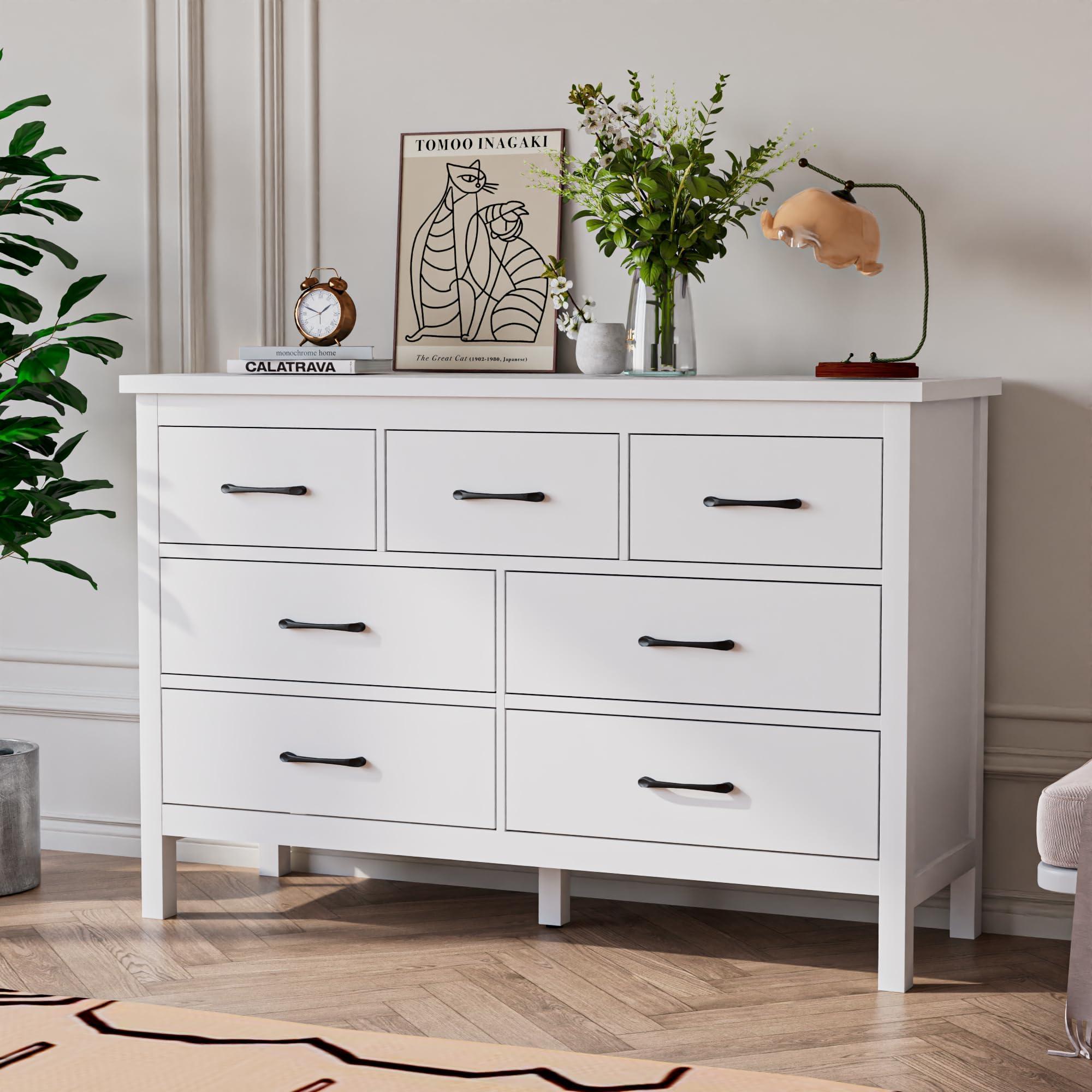 Tradare Tradare White Dresser for Bedroom with 7 Drawer,Wooden Double Dresser with Metal Handles, Wide Chest of Organizer Storage Drawers for Living Room, Hallway, Entryway