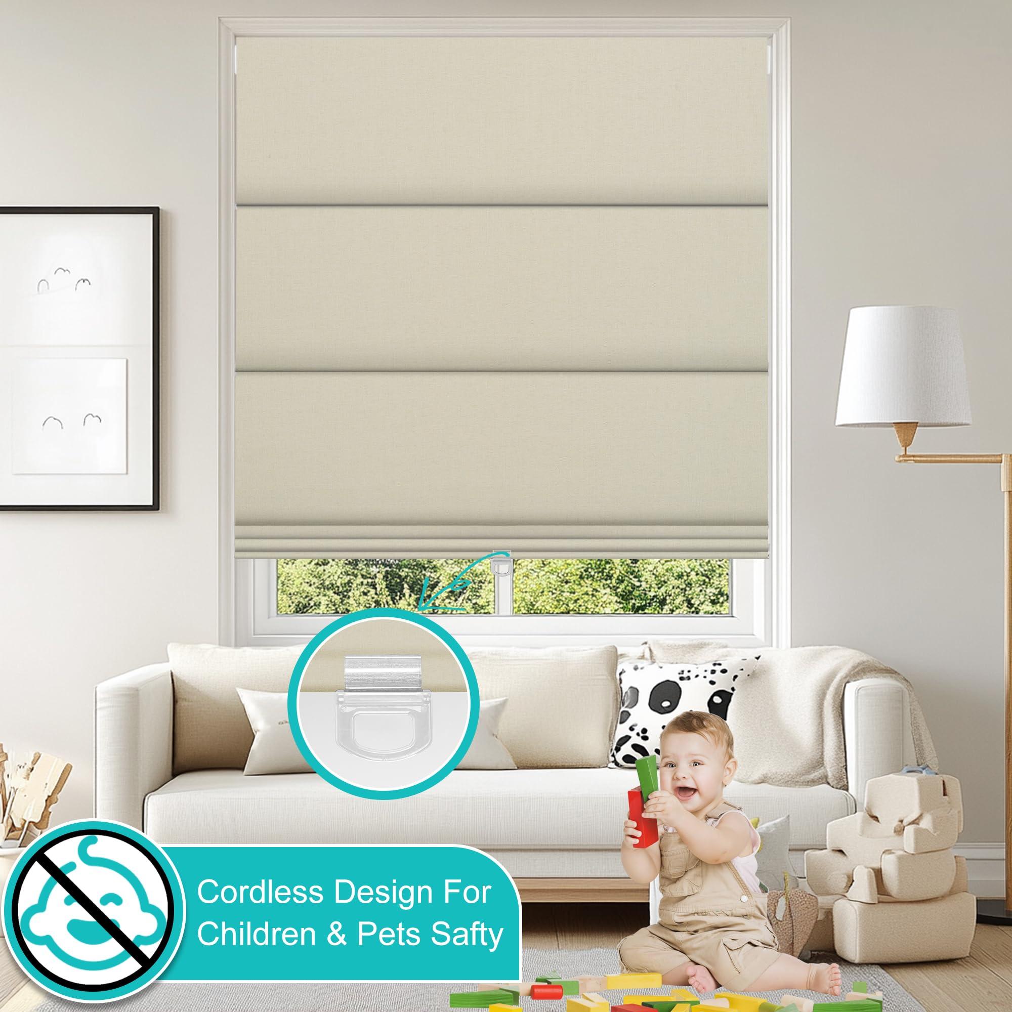 BERISSA BERISSA No Drill Cordless Roman Shades for Window, Blackout Roman Blinds Room Darkening Roll up Blinds Easy Install Linen Roman Window Shades for Inside Mount,34" W x 90" H,Linen Beige