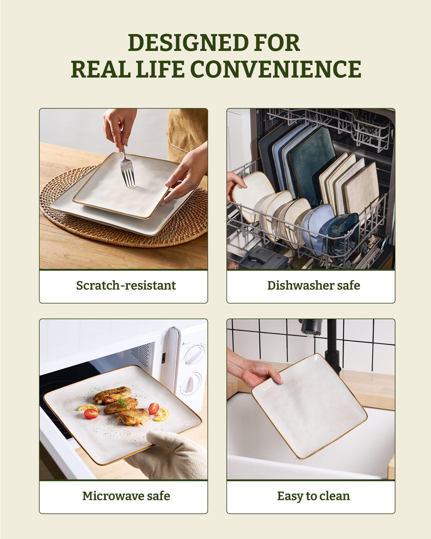 famiware Famiware Ocean Square Plates and Bowls Set, 18 Pieces Dinnerware Sets, Dishes Set for 6, Microwave and Dishwasher Safe, Scratch Resistant, Cappuccino White