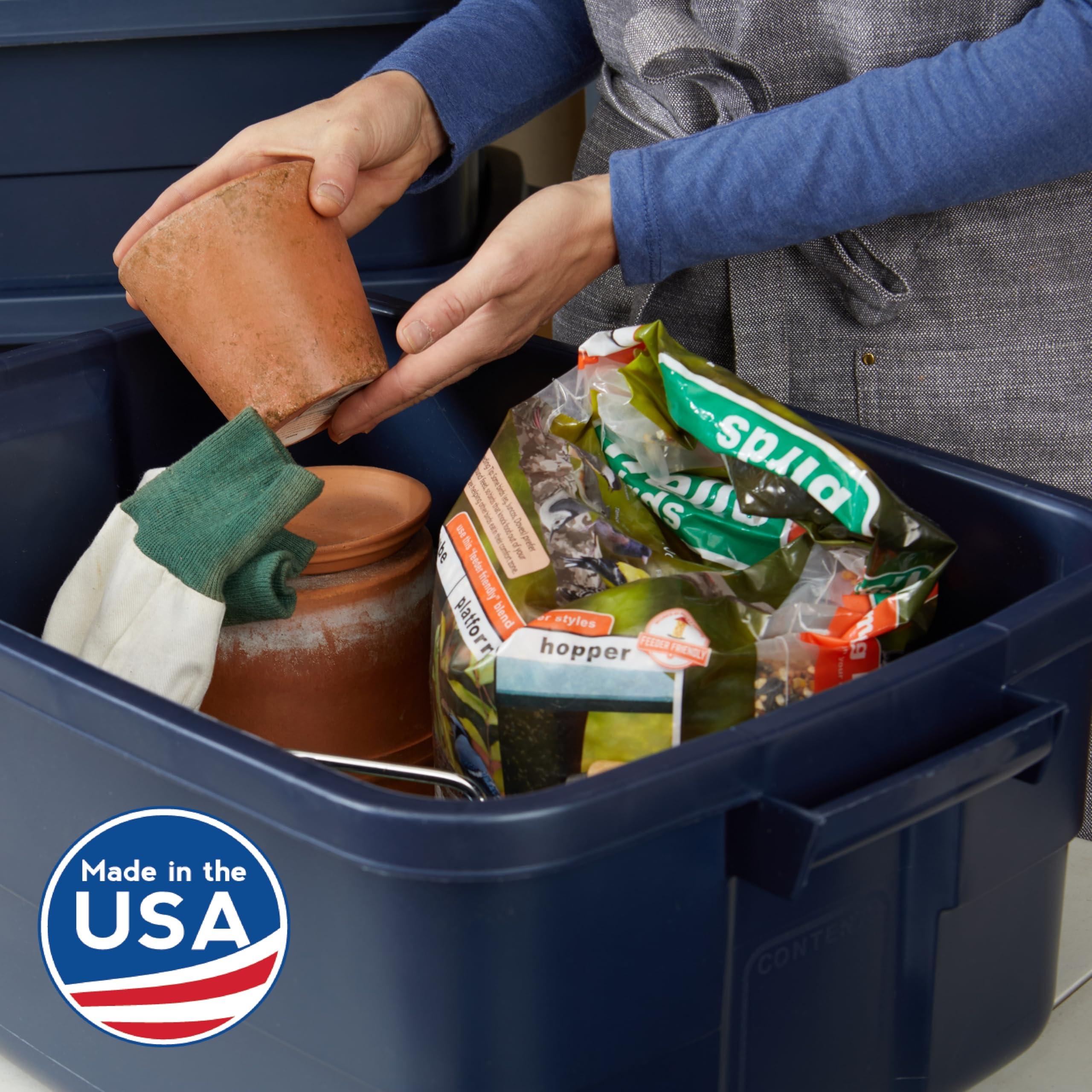 Rubbermaid Rubbermaid Roughneck Tote 10 Gal, 8 Pack, Made in USA, Dark Indigo Metallic, Rugged Plastic Stackable Storage Bins with Lids and Handles