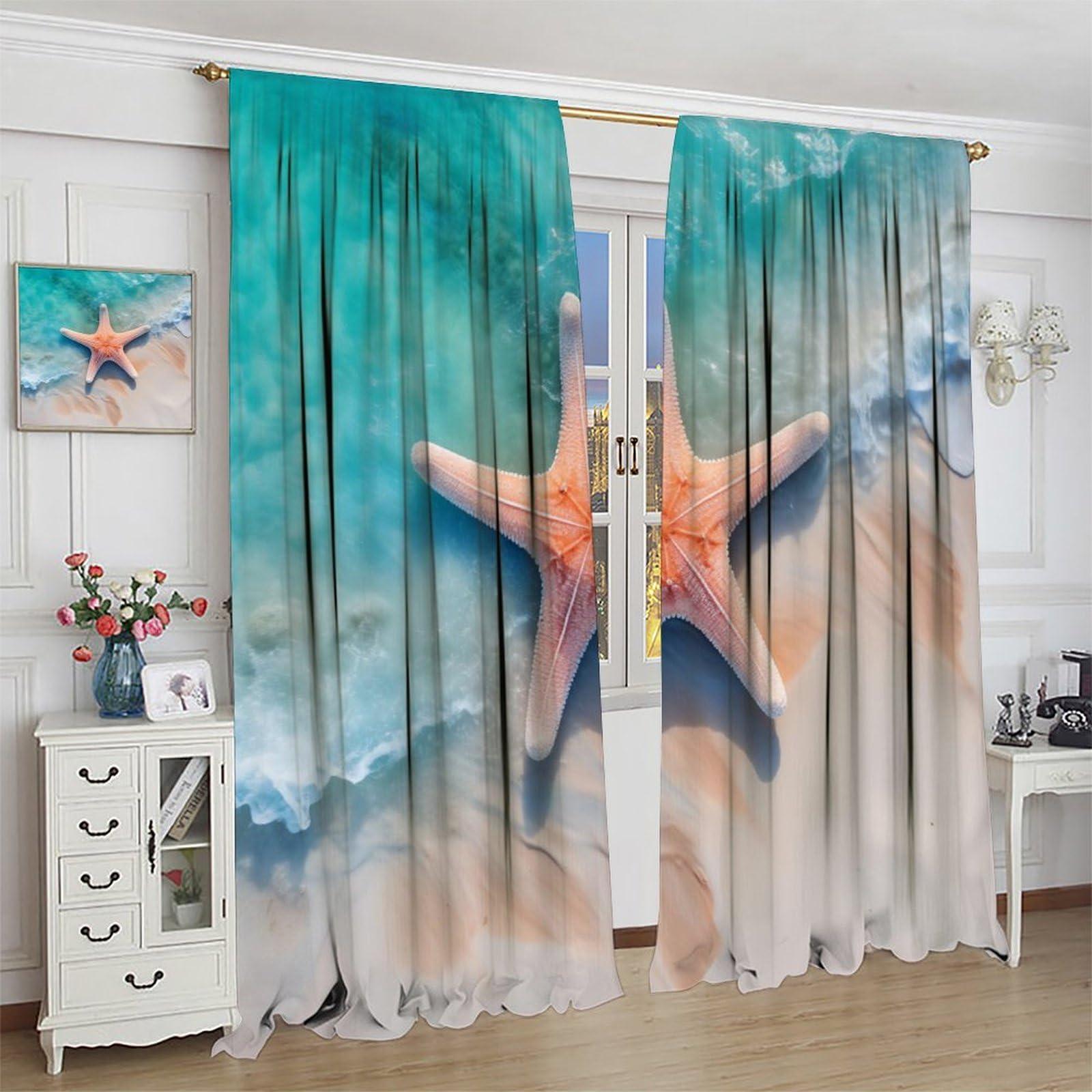 YungHo YungHo Starfish Curtains, Summer Holiday with Seashells Starfish and Palm Tree Ocean Print Window Drapes, 26" W x 84" L x2Blackout